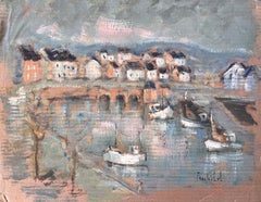 Used Impressionist Harbour Scene with Boats and Stone Bridge in La Trinité sur Mer