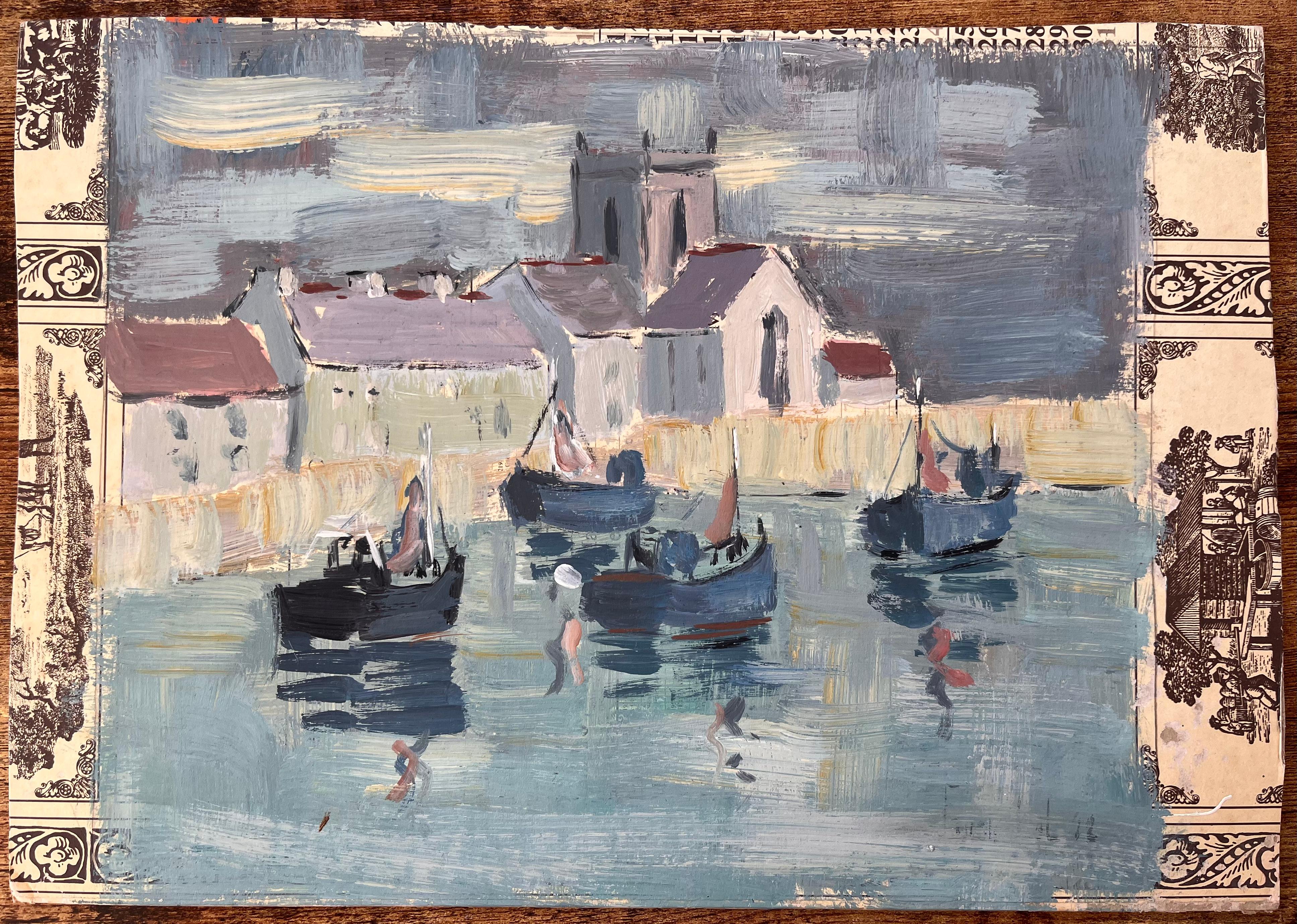 Impressionistische Hafenszene mit Fischerbooten und Kirche unter wolkenfrohem Himmel – Painting von Fanch Lel