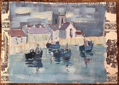 Scène impressionniste représentant des bateaux de pêche et une église sous un ciel nuageux