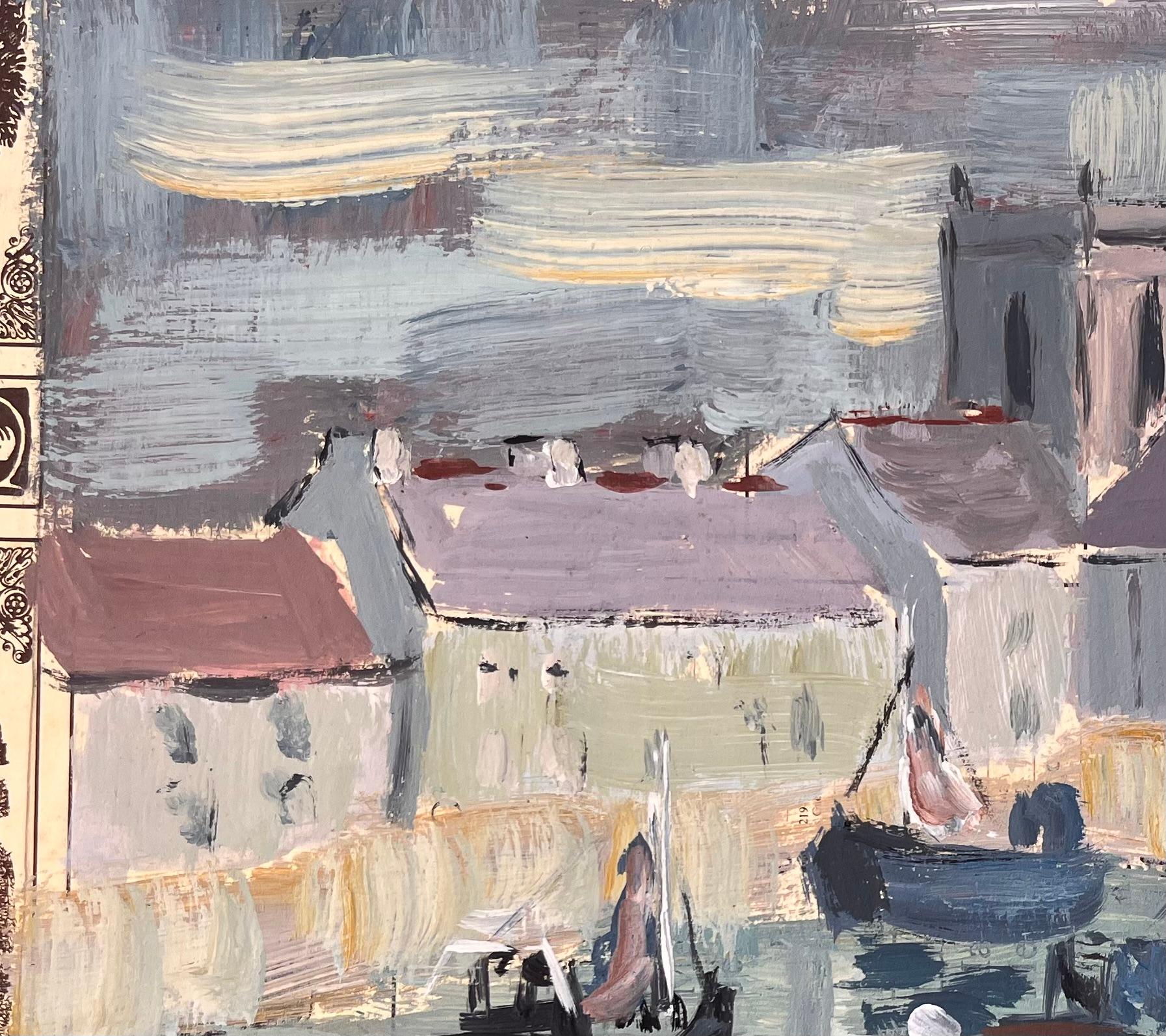 Impressionistische Hafenszene mit Fischerbooten und Kirche unter wolkenfrohem Himmel (Impressionismus), Painting, von Fanch Lel