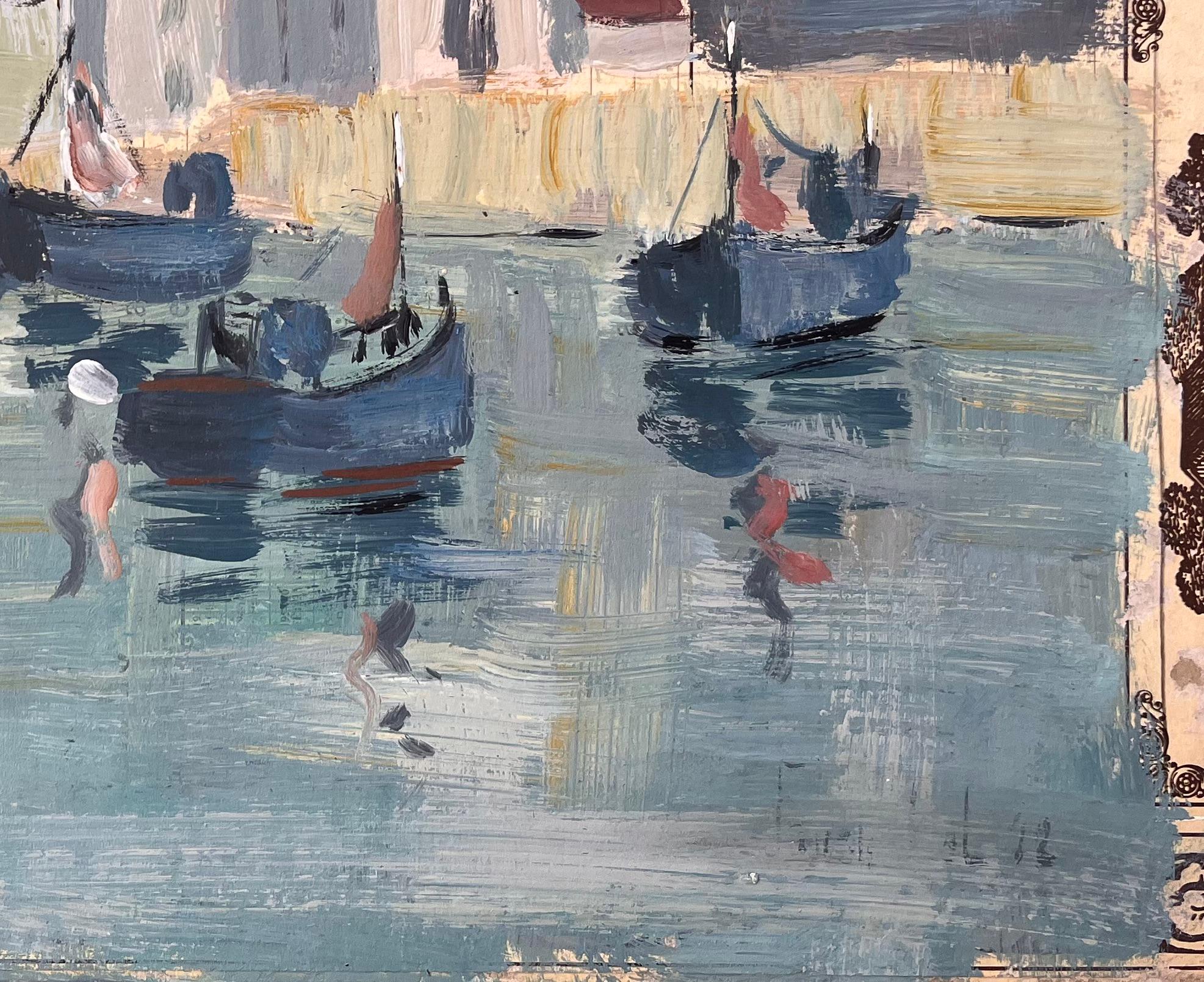 Impressionistische Hafenszene mit Fischerbooten und Kirche unter wolkenfrohem Himmel im Angebot 1