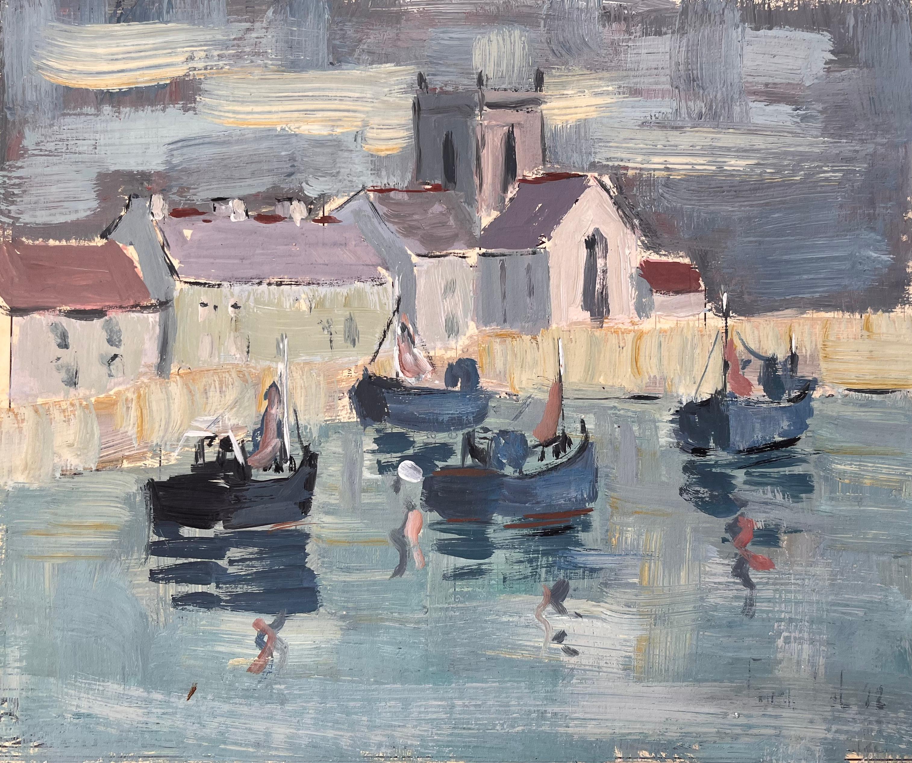 Impressionistische Hafenszene mit Fischerbooten und Kirche unter wolkenfrohem Himmel