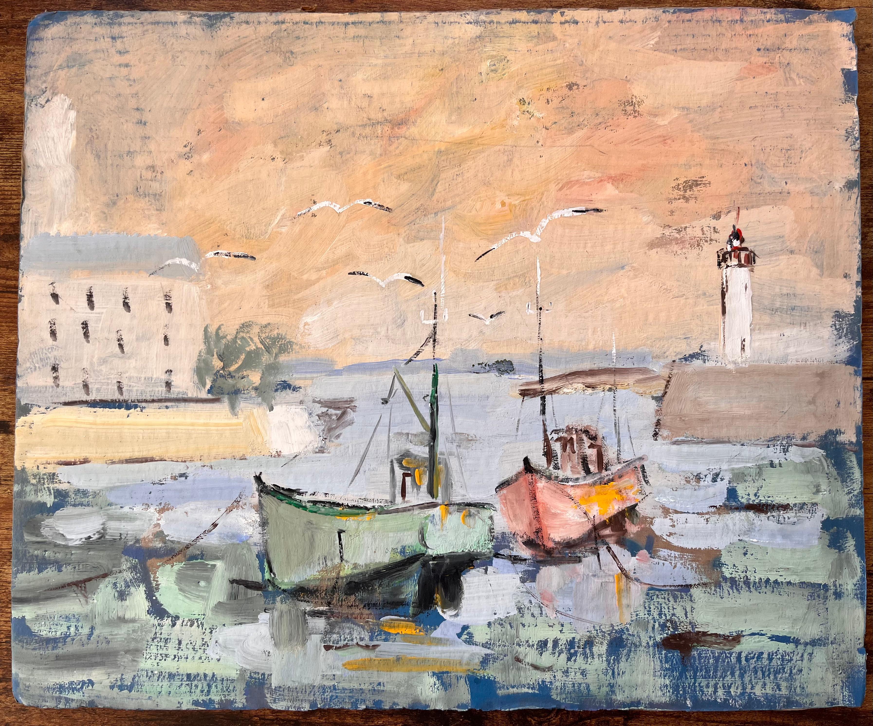 Scena impressionista di porto con barche da pesca, faro e cielo al tramonto - Painting di Fanch Lel