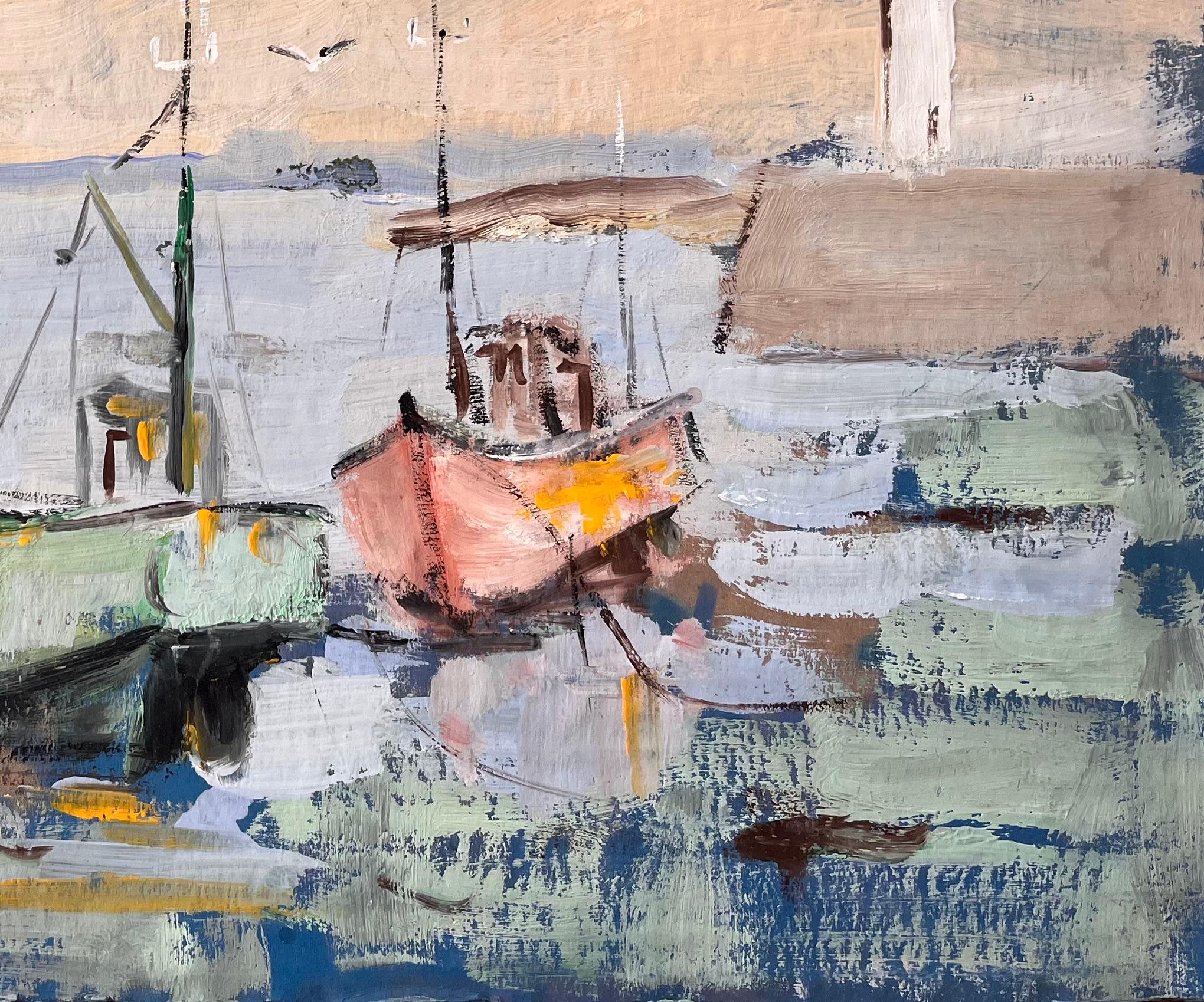 Scena impressionista di porto con barche da pesca, faro e cielo al tramonto - Painting Impressionismo di Fanch Lel