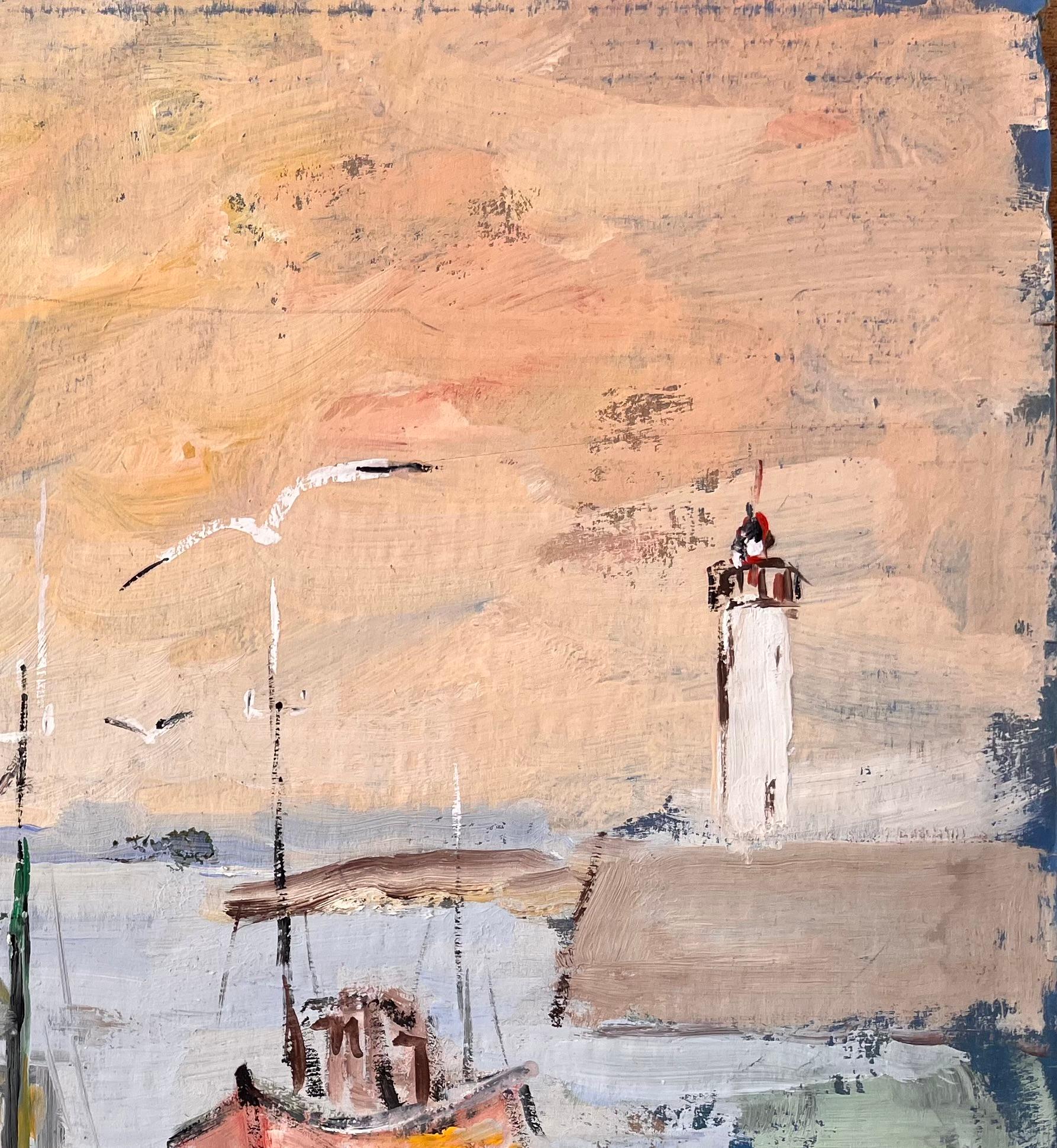 Scena impressionista di porto con barche da pesca, faro e cielo al tramonto - Abstract Painting Beige di Fanch Lel