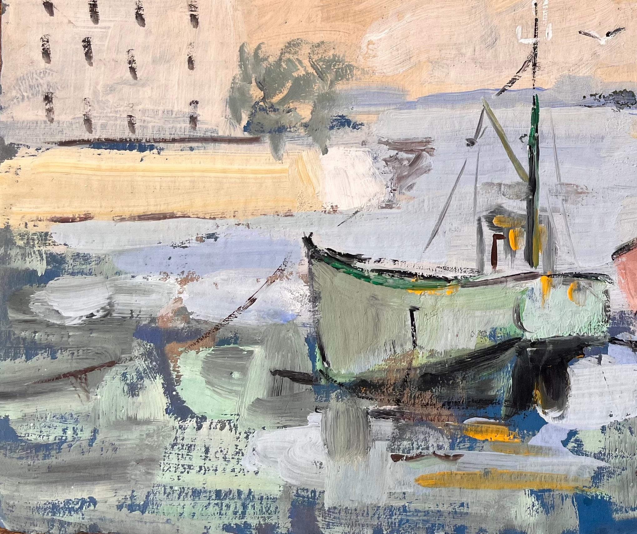 Titolo: Scena impressionista di porto con barche da pesca e faro e cielo al tramonto
Da Fanch Les
Dimensioni: 15 x 18 pollici (altezza x larghezza)
Pittura a olio su cartone, senza cornice
Condit: Il dipinto è in buone condizioni e presenta una