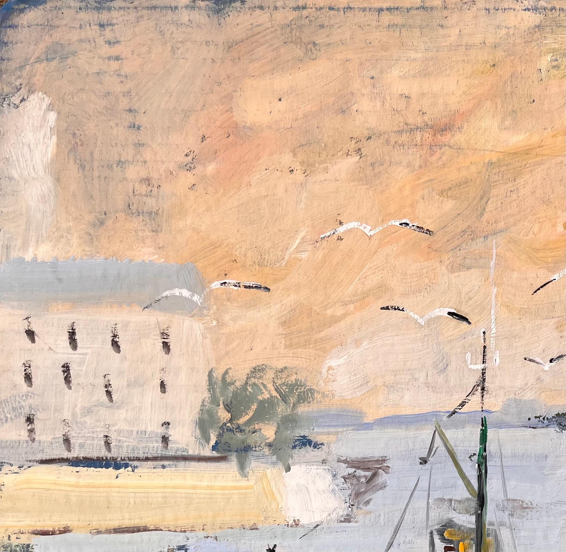 Scena impressionista di porto con barche da pesca, faro e cielo al tramonto in vendita 1