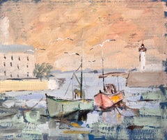 Vintage Impressionist Harbour Scene with Fishing Boats Lighthouse and Sunset Sky
