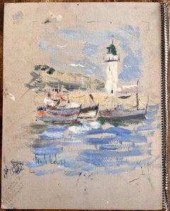 Scena impressionista di porto con faro, barche da pesca e gabbiani in movimento