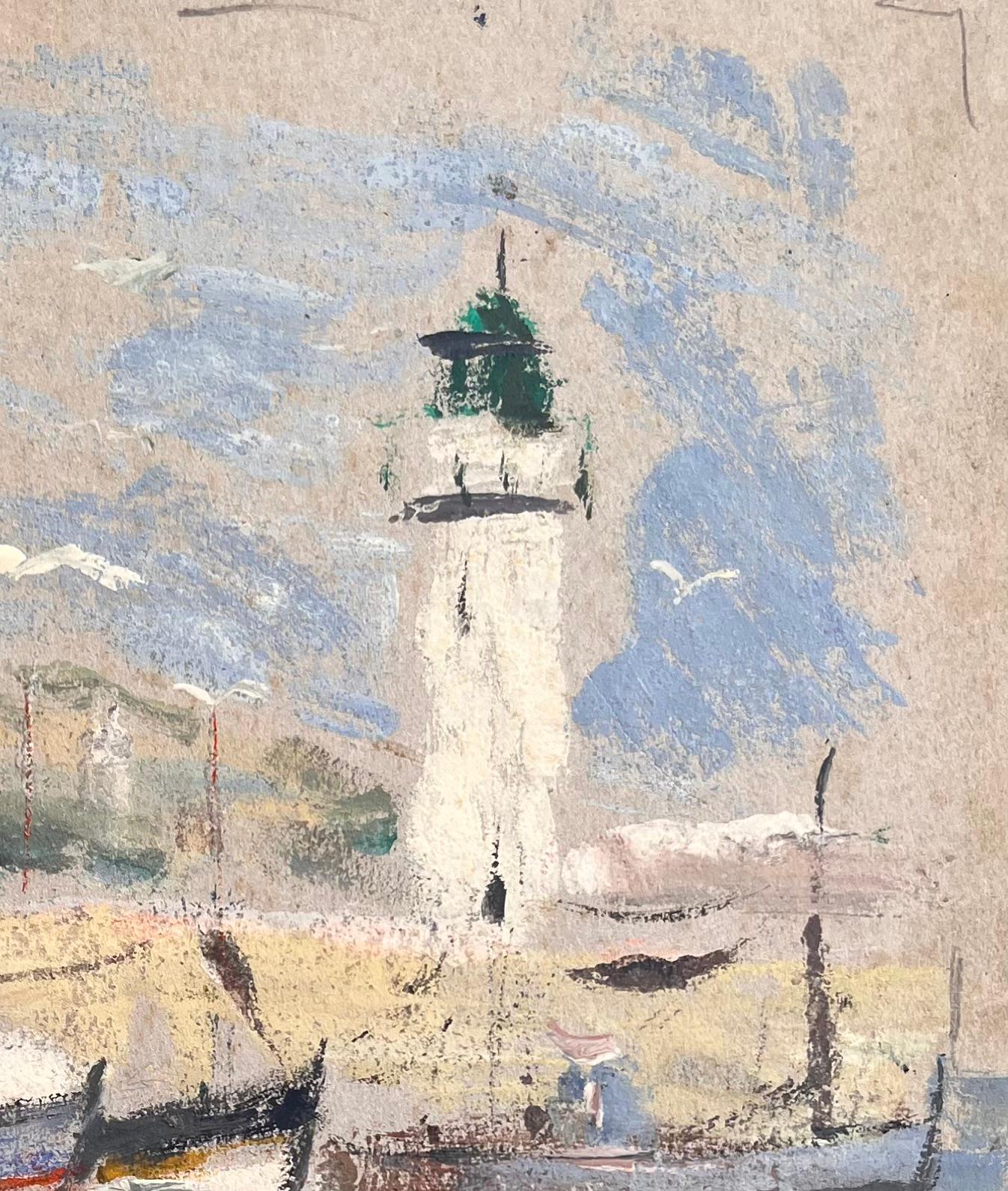 Impressionistische Hafenszene mit Leuchtturm-Fischbooten und Möwen in Bewegung (Impressionismus), Painting, von Fanch Lel