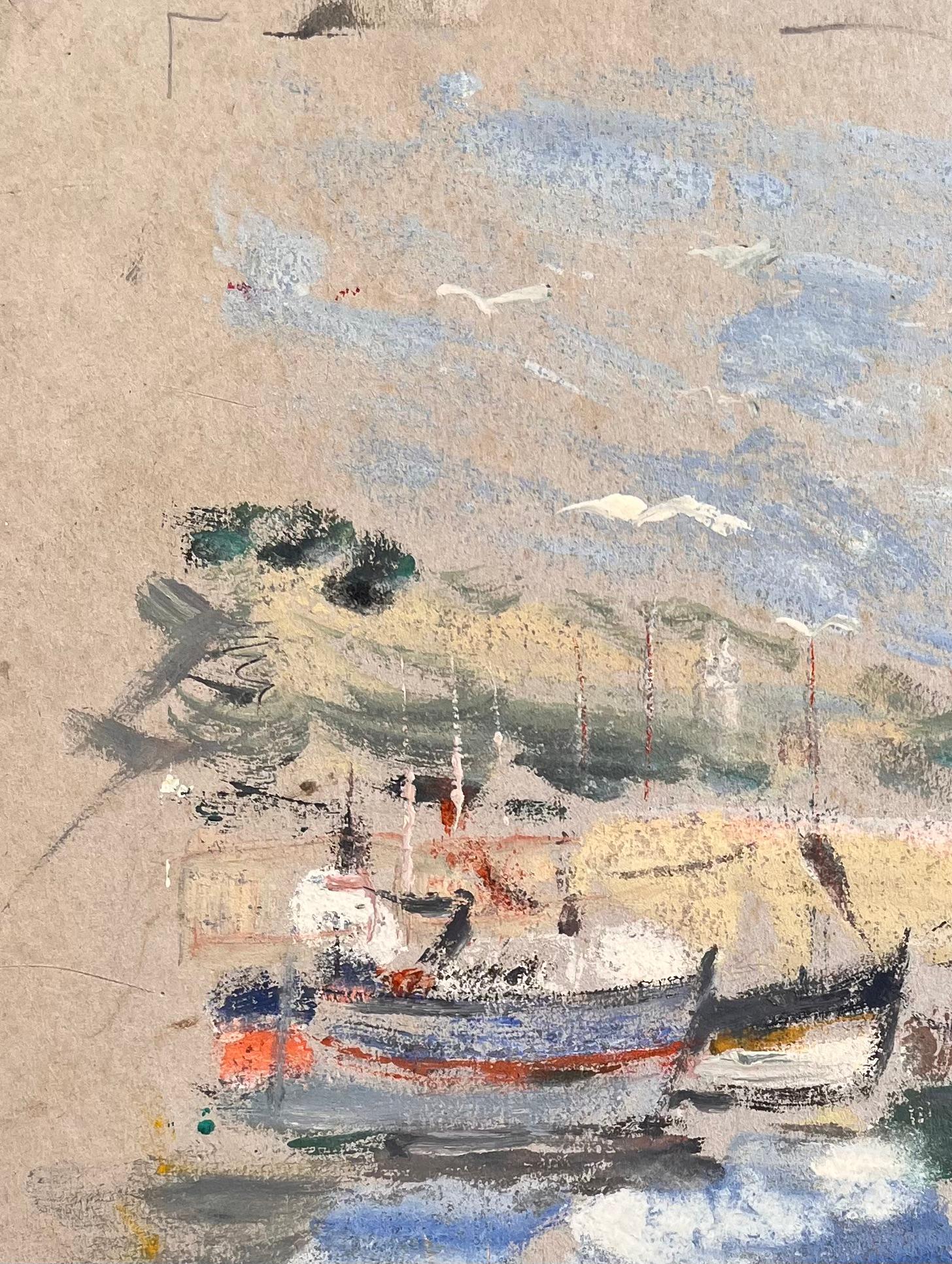 Impressionistische Hafenszene mit Leuchtturm-Fischbooten und Möwen in Bewegung (Grau), Abstract Painting, von Fanch Lel