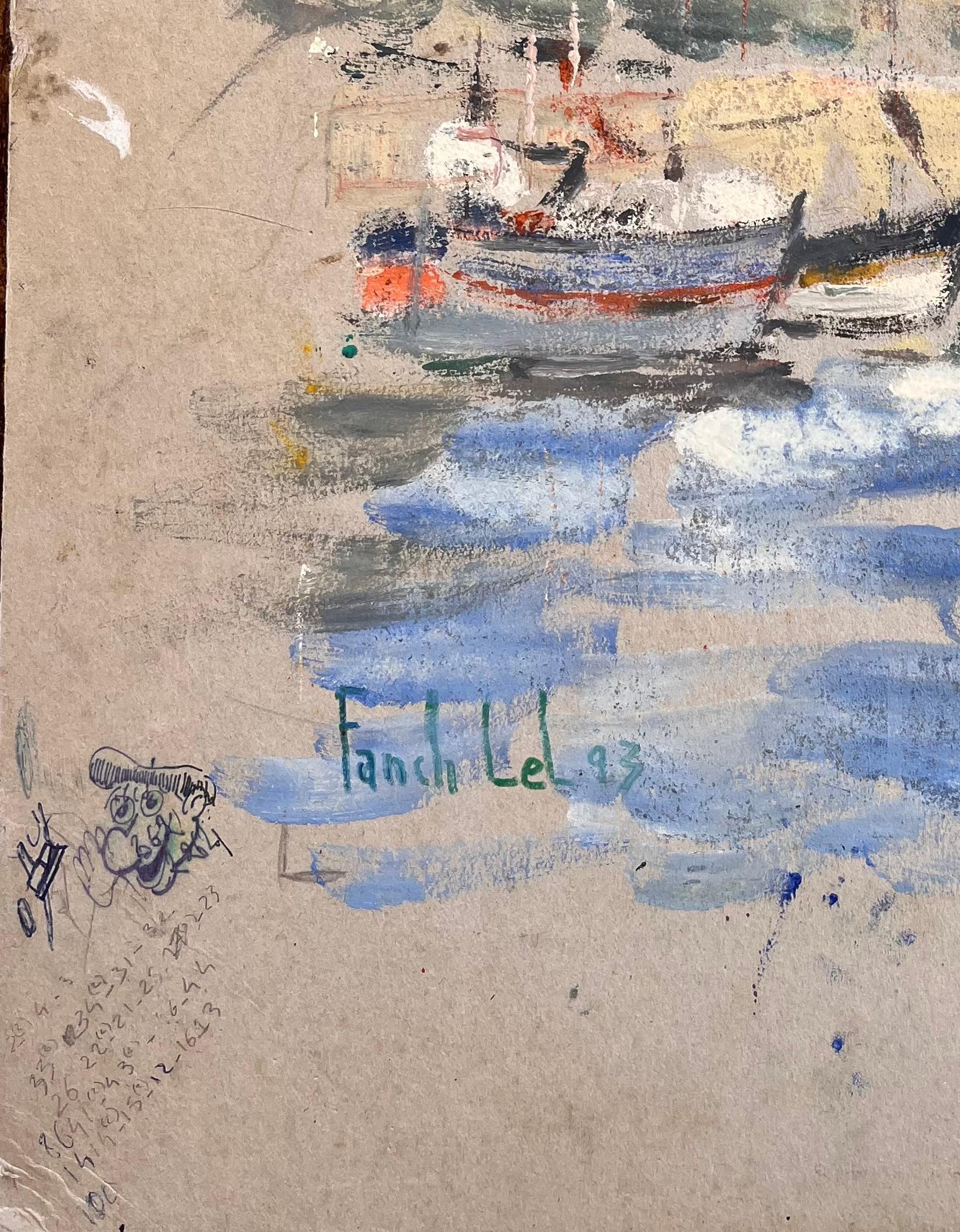 Titel: Impressionistische Hafenszene mit Leuchtturm Fischerbooten und Möwen in Bewegung
Von Fanch Lel
Unterschrieben: Ja
Größe: 16,25 x 12,25 Zoll (Höhe x Breite)
Gouache-Gemälde auf Karton, ungerahmt
Zustand: Das Gemälde ist in gutem Zustand mit
