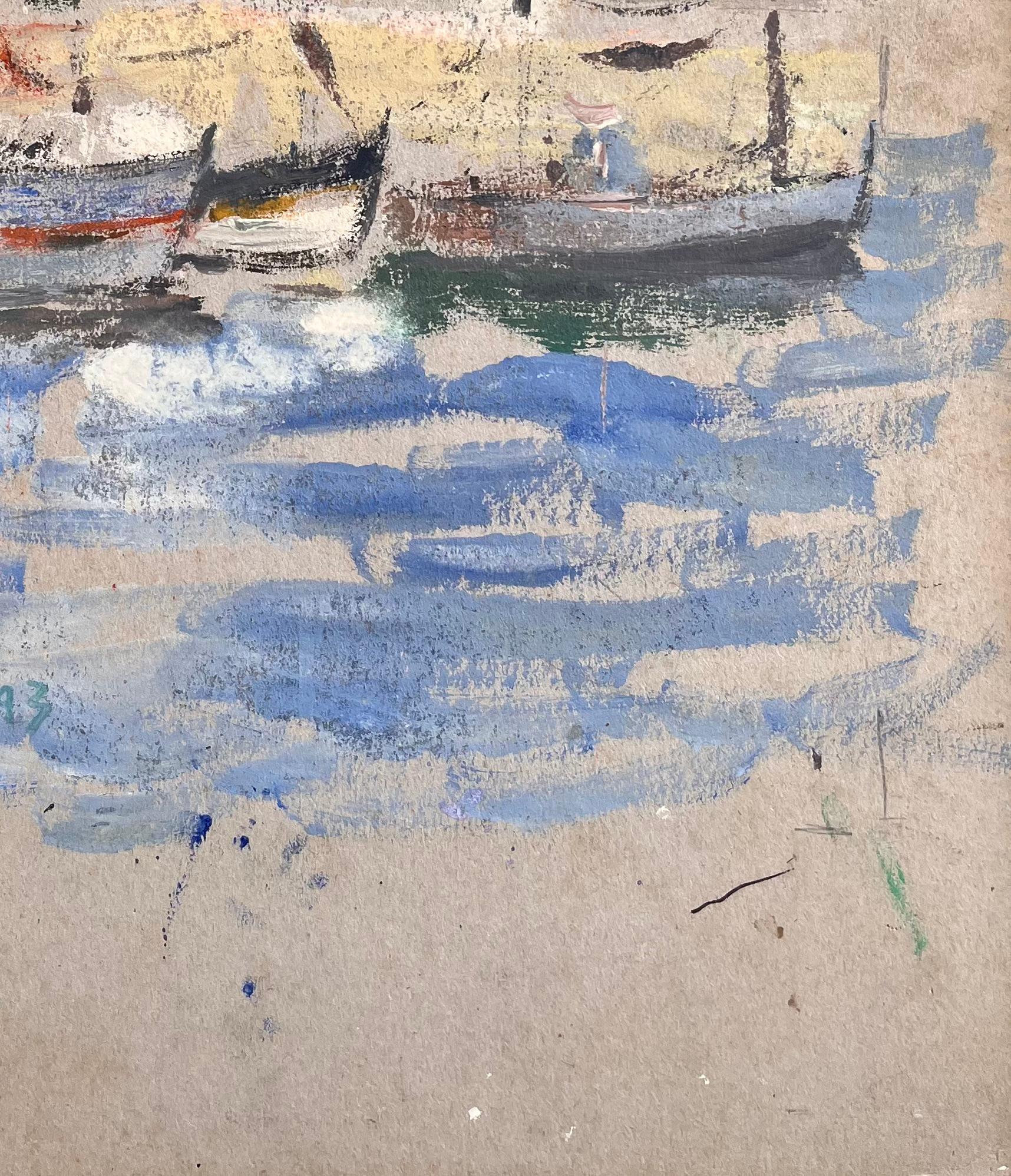 Impressionistische Hafenszene mit Leuchtturm-Fischbooten und Möwen in Bewegung im Angebot 1
