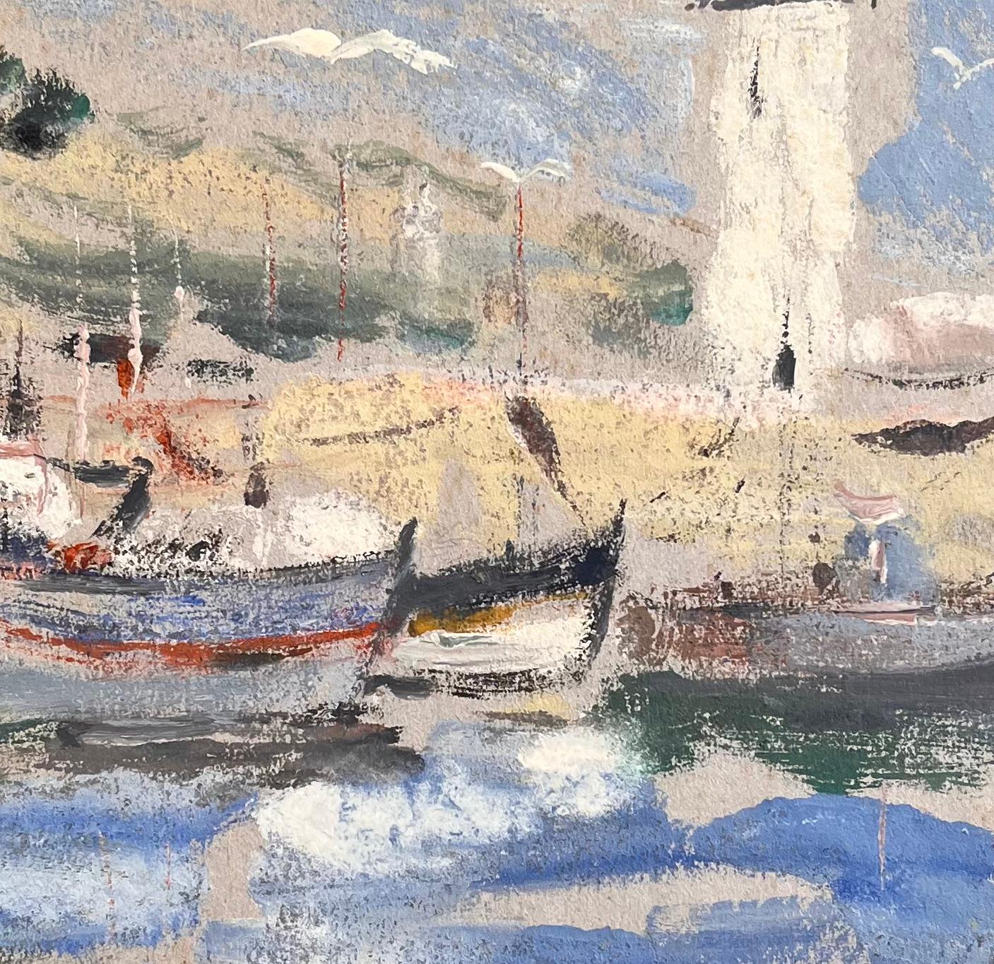 Impressionistische Hafenszene mit Leuchtturm-Fischbooten und Möwen in Bewegung im Angebot 2