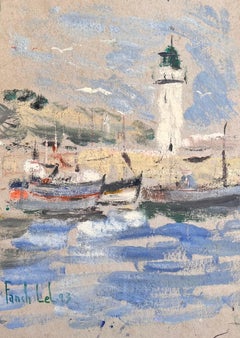 Impressionist Harbour Scene with Lighthouse Fishing Boats and Seagulls in Motion