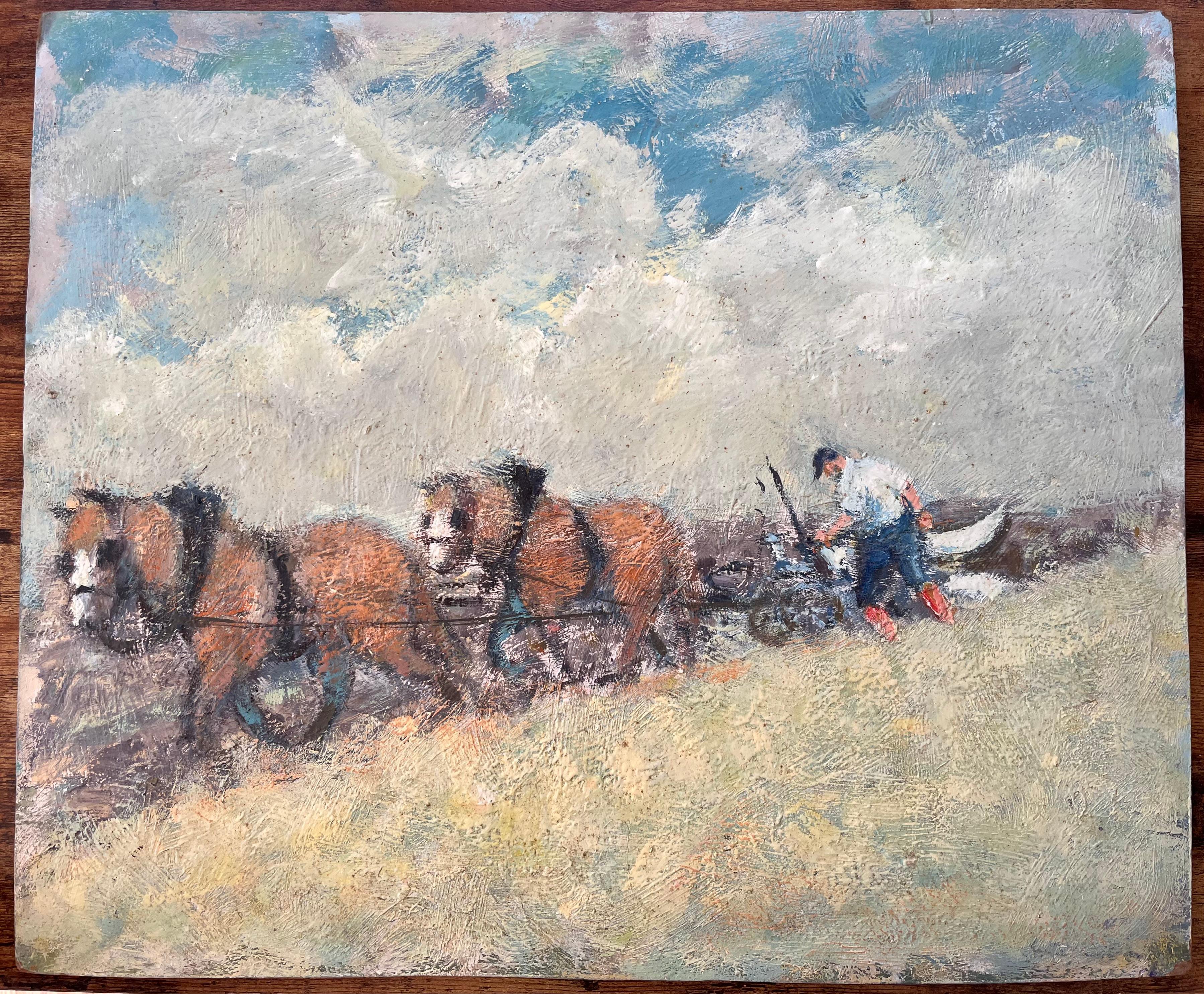 Scène impressionniste représentant un fermier et un paysage en ciel nuageux - Painting de Fanch Lel