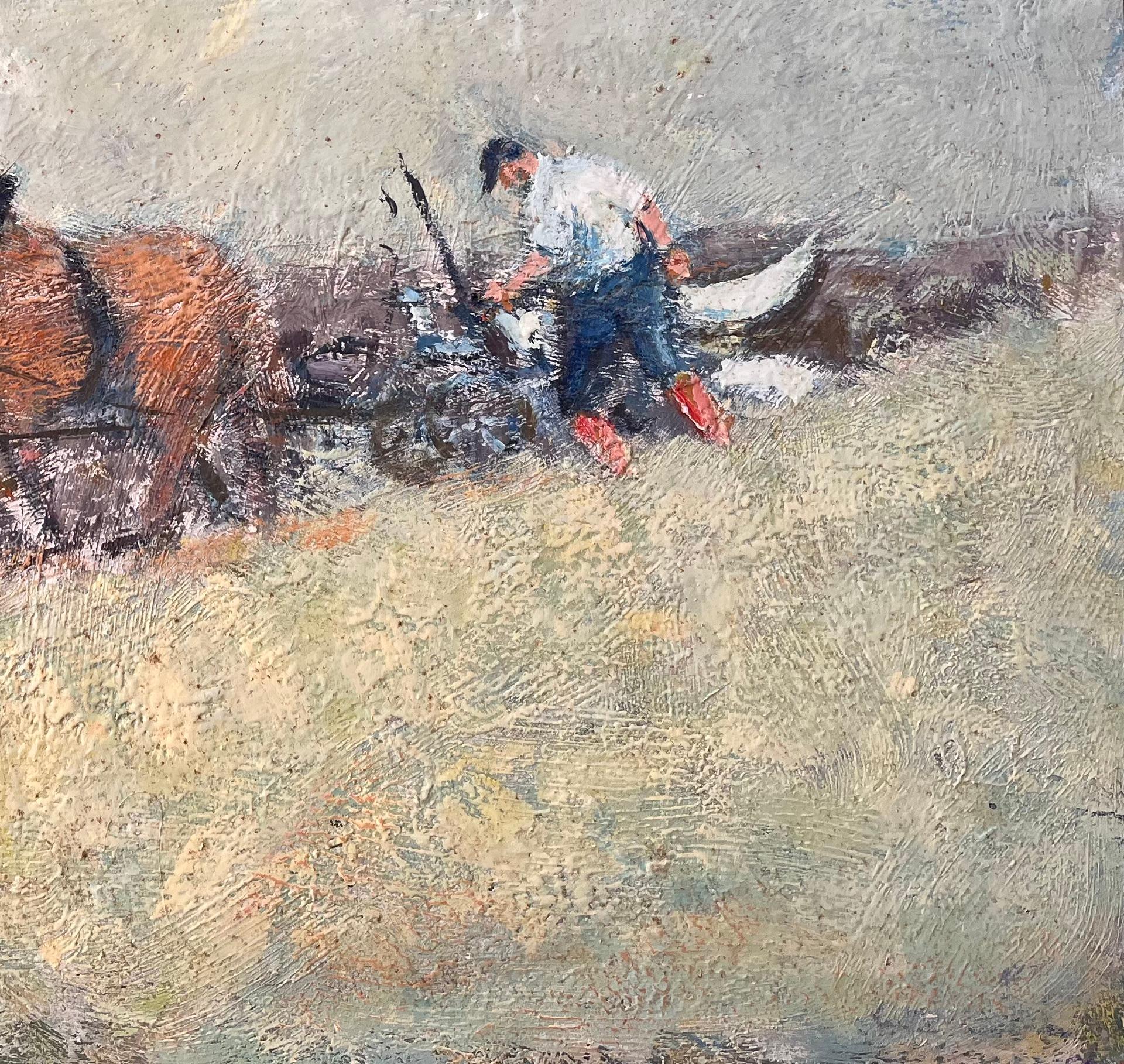 Scène impressionniste représentant un fermier et un paysage en ciel nuageux - Impressionnisme Painting par Fanch Lel