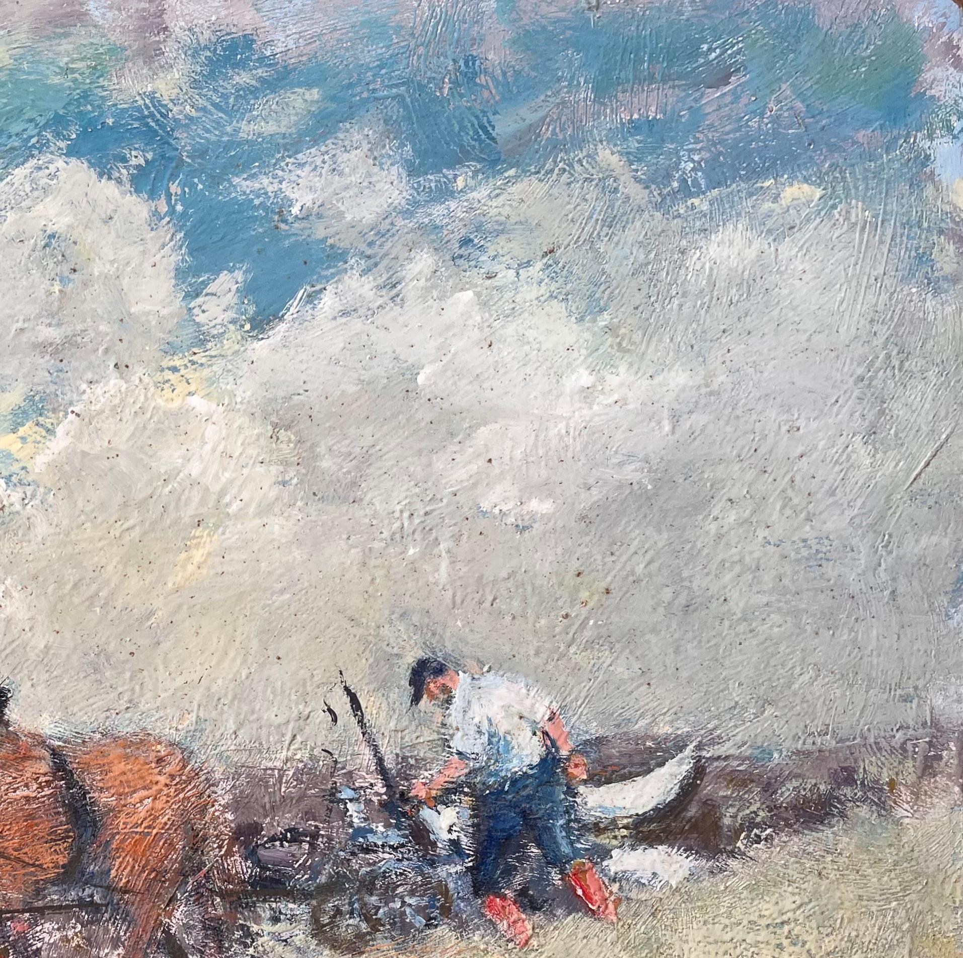 Titre : Scène impressionniste de labour à cheval avec fermier et paysage de ciel nuageux
Par Fanch Lel
Taille : 18 x 21.75 pouces (hauteur x largeur)
Peinture à l'huile sur carton, non encadrée
Condit : La peinture est en bon état, avec une texture