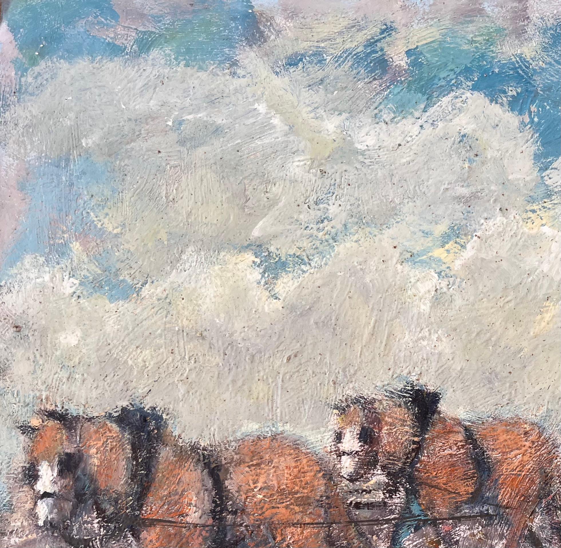 Scène impressionniste représentant un fermier et un paysage en ciel nuageux en vente 1
