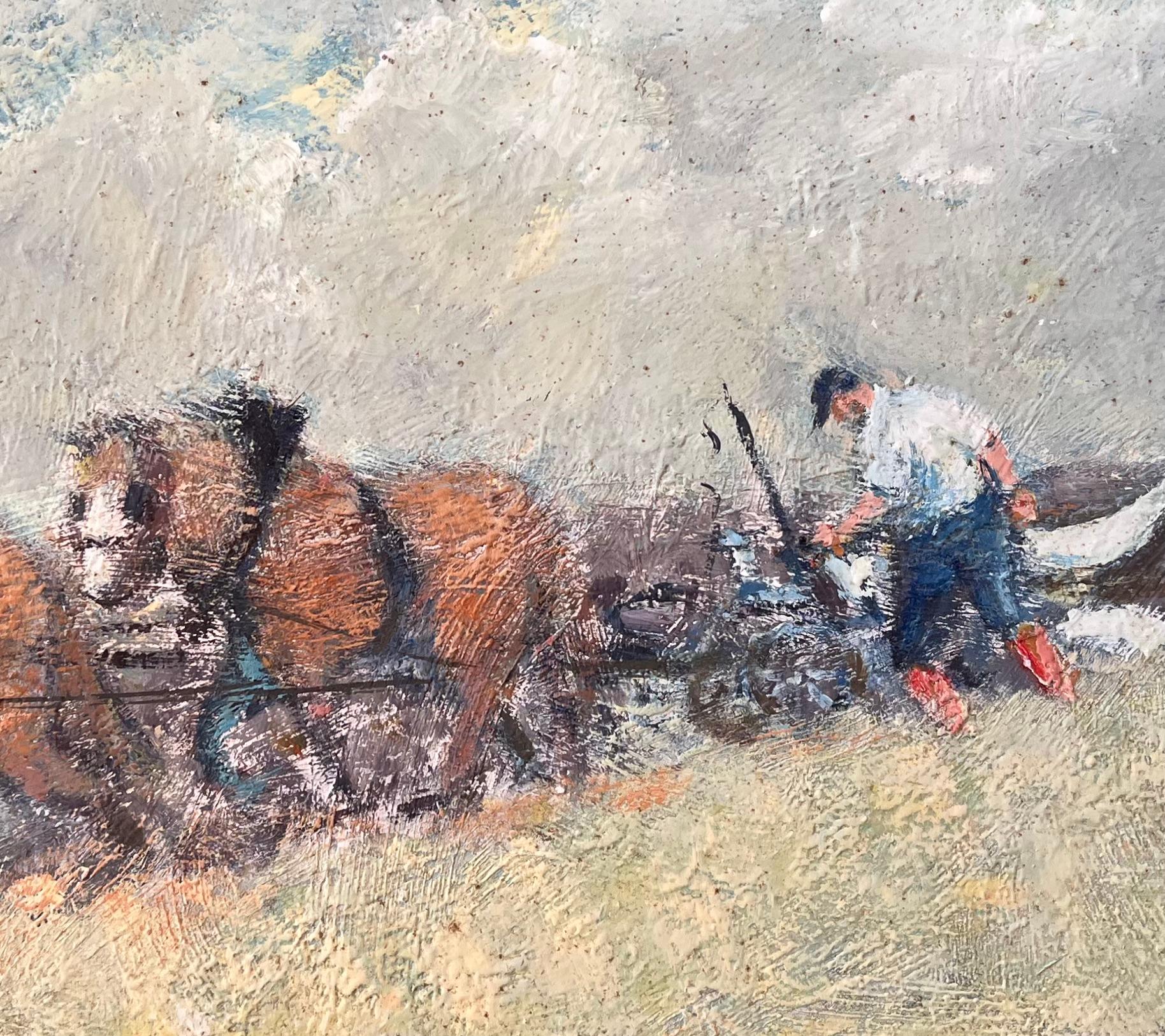 Scène impressionniste représentant un fermier et un paysage en ciel nuageux en vente 2