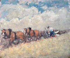 Impressionist Horse Ploughing Scene with Farmer and Cloudy Sky Landscape