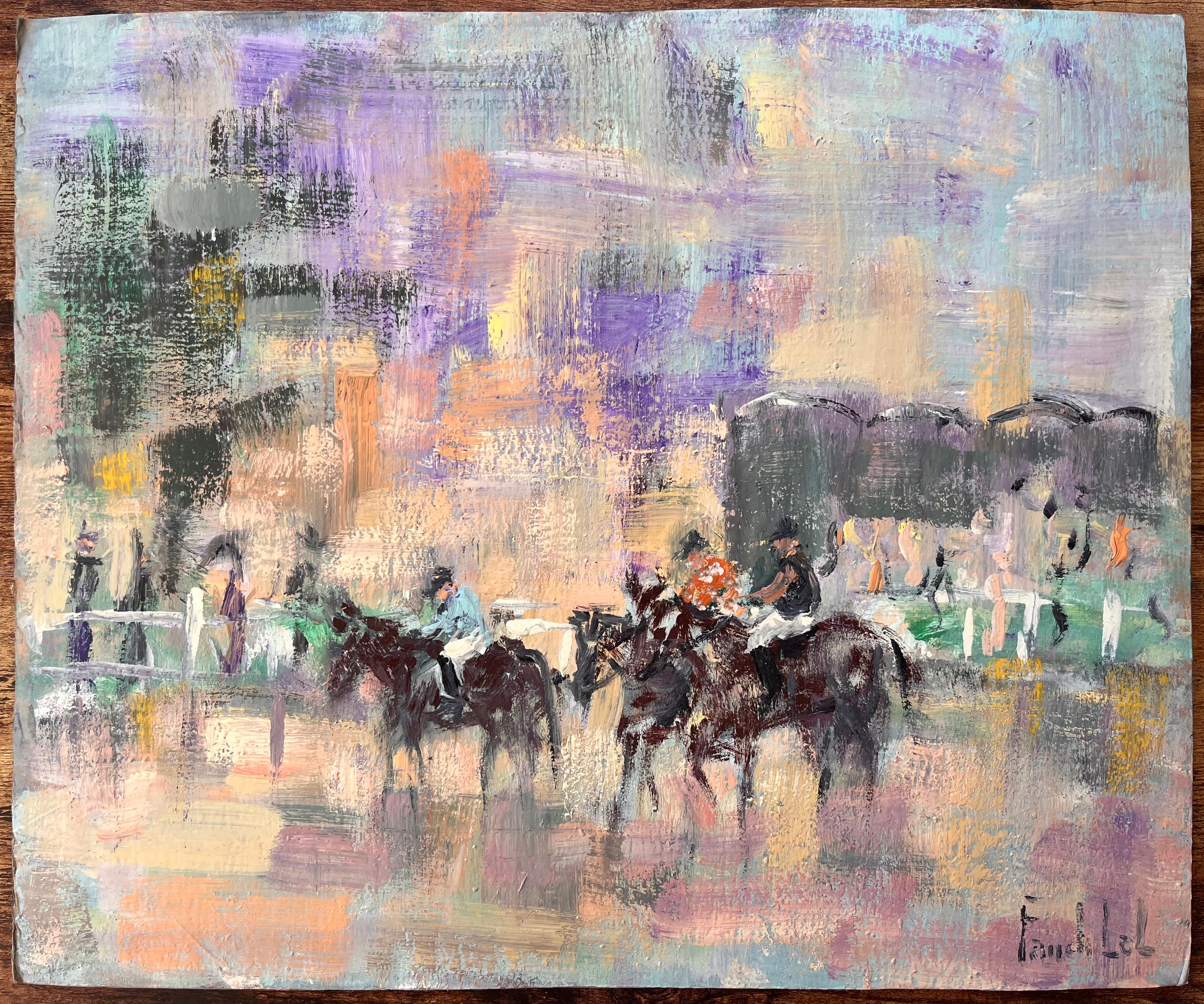 Impressionistische Pferderennenszene mit Jockeys und Spectators unter violettem Himmel – Painting von Fanch Lel
