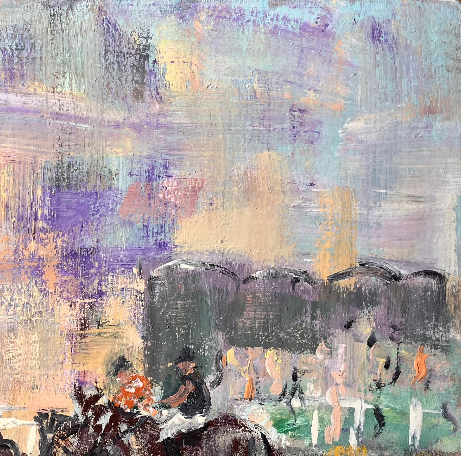 Impressionistische Pferderennenszene mit Jockeys und Spectators unter violettem Himmel (Grau), Abstract Painting, von Fanch Lel