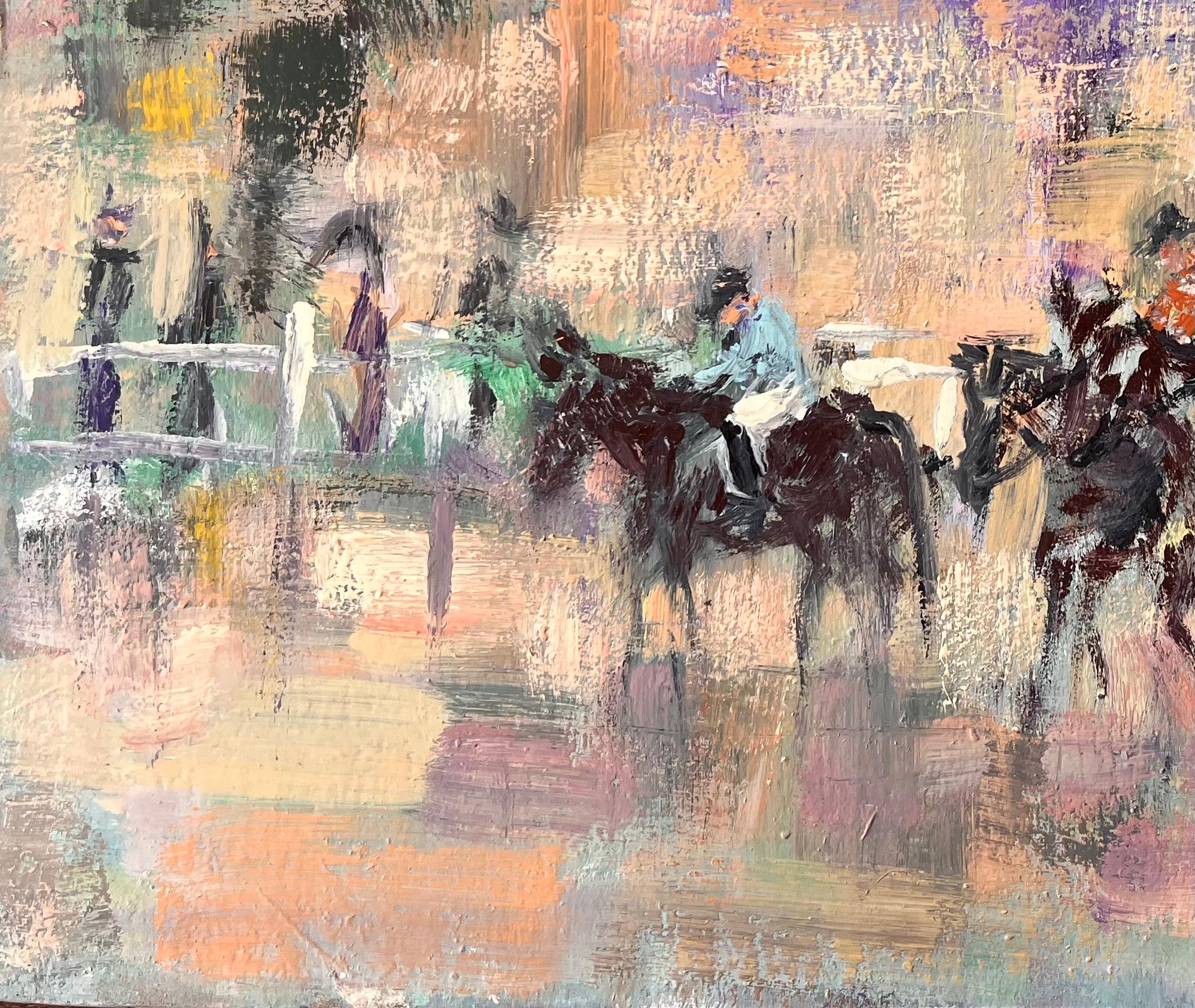 Titel: Impressionistische Pferderenn-Szene mit Jockeys und Zuschauern unter violettem Himmel
Von Fanch Lel
Unterschrieben: Ja
Größe: 15 x 18,25 Zoll (Höhe x Breite)
Ölgemälde auf Karton, ungerahmt
Zustand: Das Gemälde ist in gutem Zustand mit