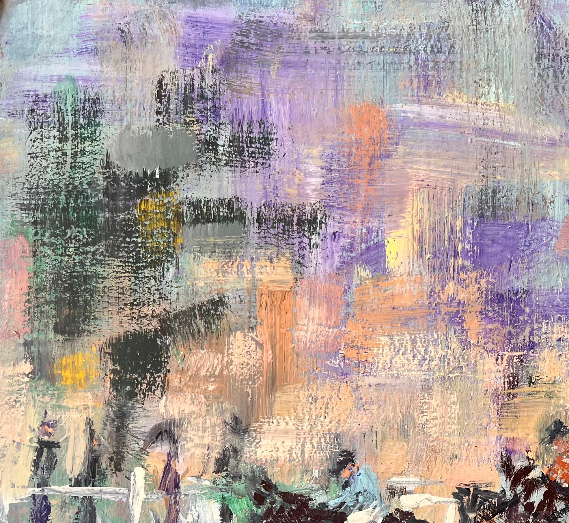 Impressionistische Pferderennenszene mit Jockeys und Spectators unter violettem Himmel im Angebot 1