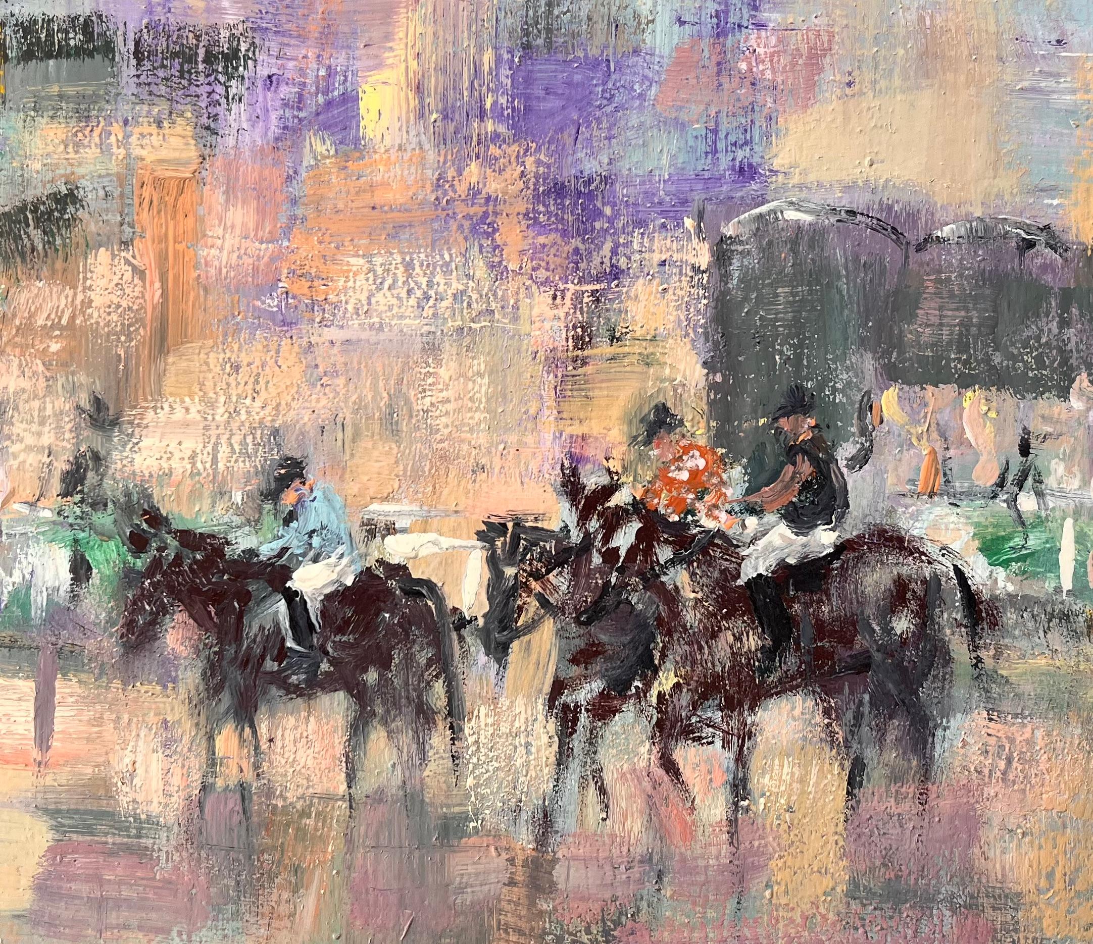 Impressionistische Pferderennenszene mit Jockeys und Spectators unter violettem Himmel im Angebot 2