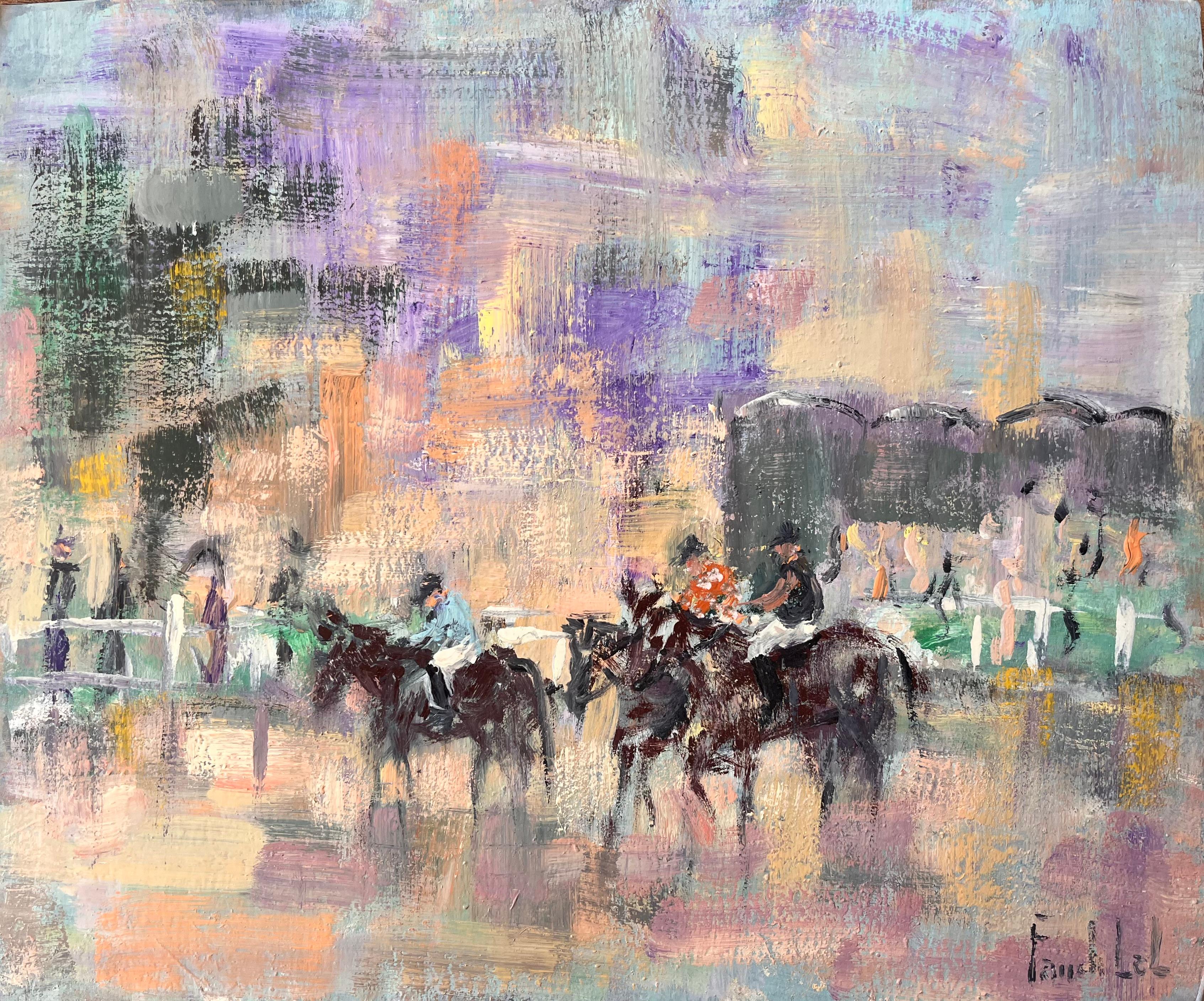 Fanch Lel Abstract Painting – Impressionistische Pferderennenszene mit Jockeys und Spectators unter violettem Himmel