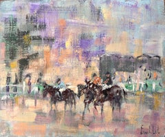 Vintage Impressionist Horse Racing Scene with Jockeys and Spectators under Violet Sky