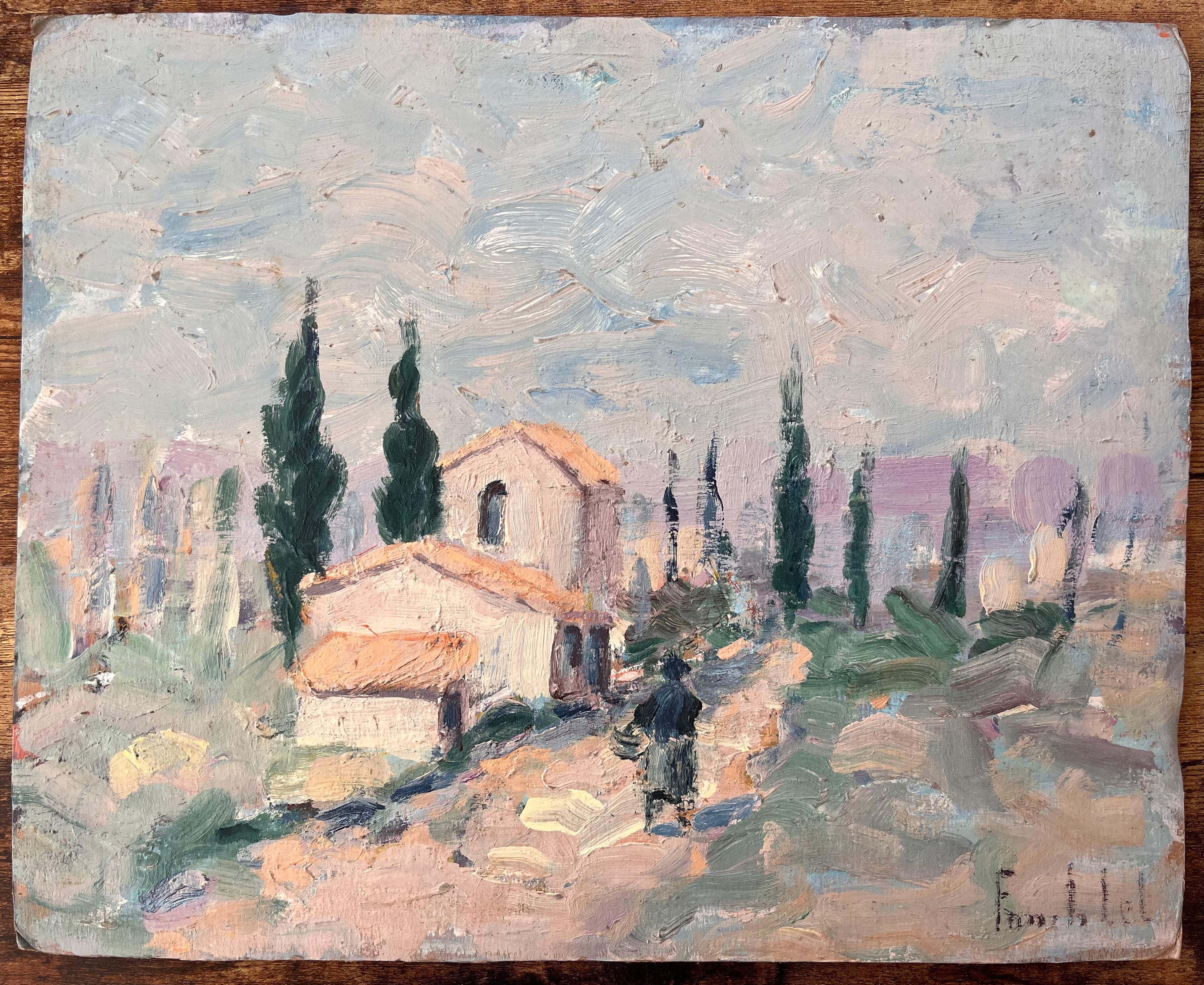 Paysage impressionniste de maisons en pierre et de cyprès en Provence, France - Painting de Fanch Lel