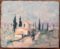 Impressionist Landscape of Stone Houses and Cypress Trees in Provence France