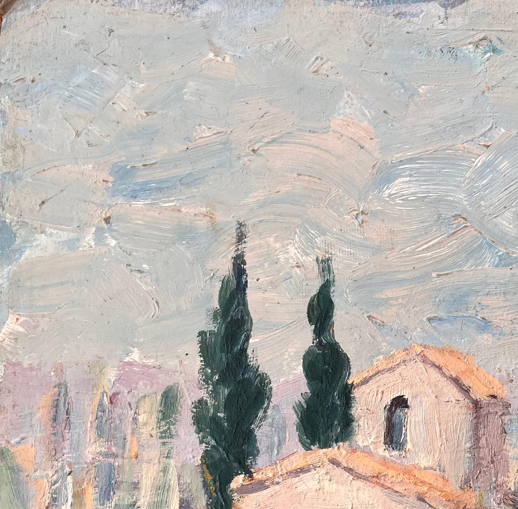 Paysage impressionniste de maisons en pierre et de cyprès en Provence, France - Gris Landscape Painting par Fanch Lel