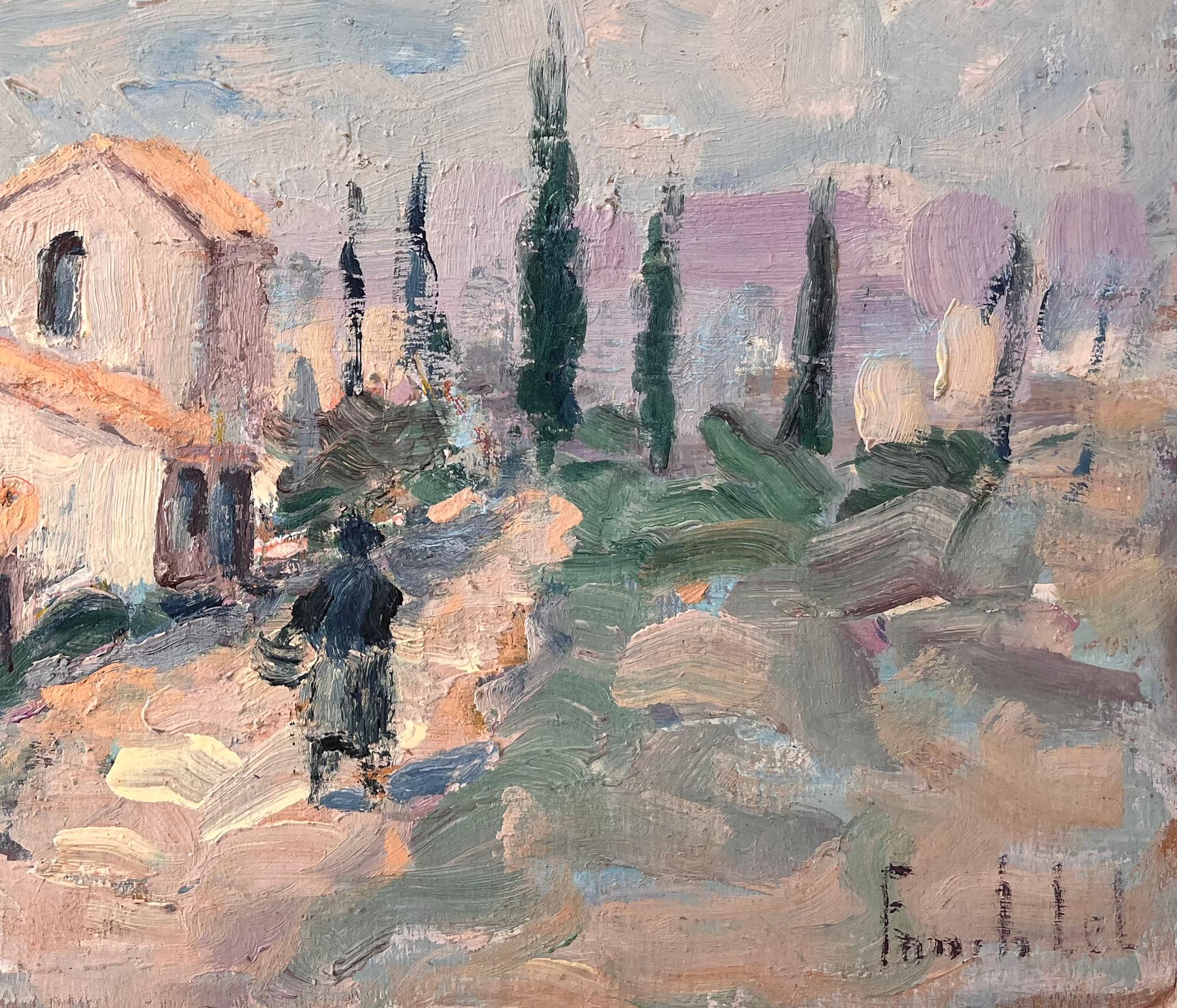 Titre : Paysage impressionniste de maisons en pierre et de cyprès en Provence, France
Par Fanch Les
Signé : Oui
Taille : 13 x 16.25 pouces (hauteur x largeur)
Peinture à l'huile sur carton, non encadrée
Condit : La peinture est en bon état, avec une