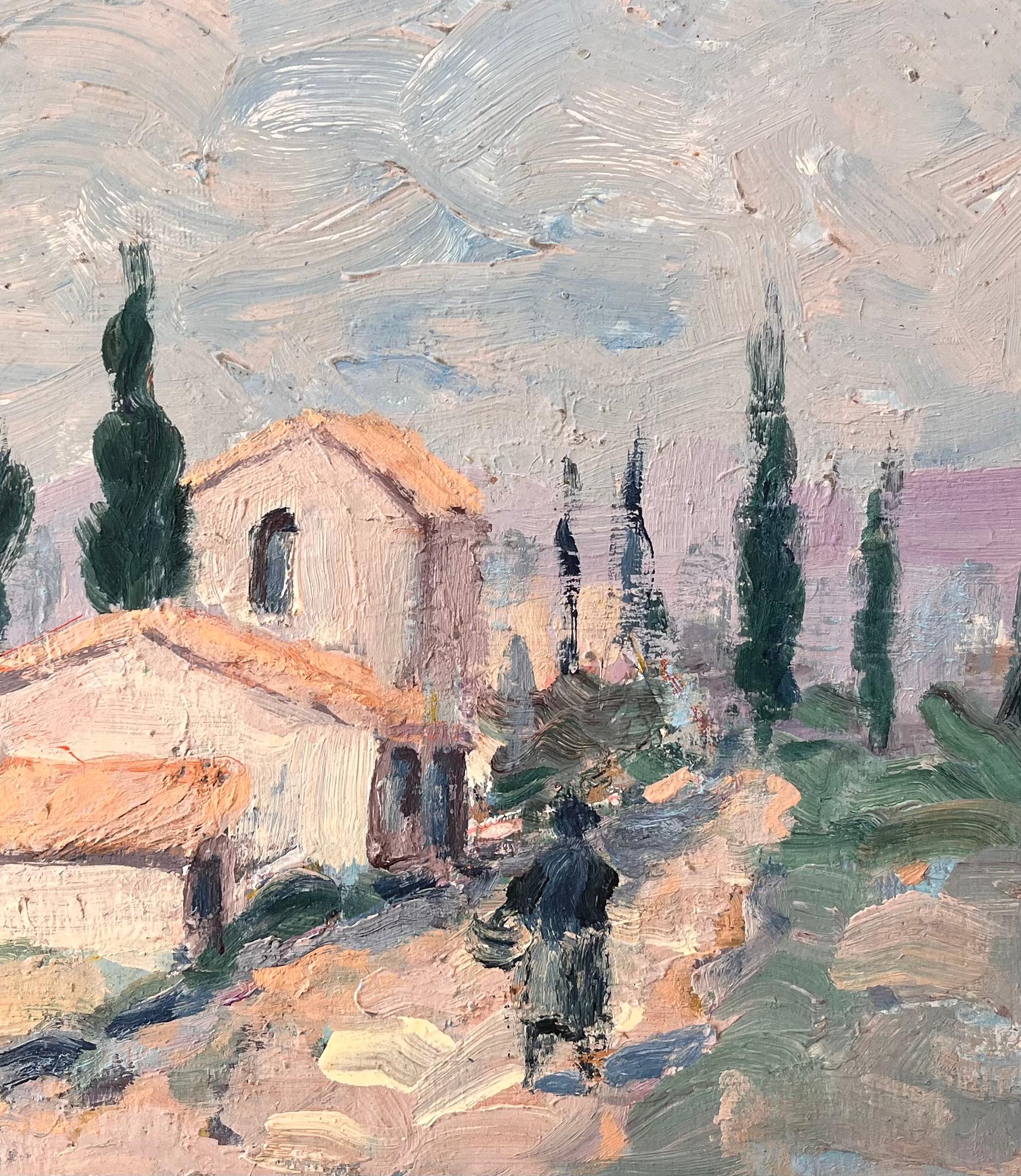 Paysage impressionniste de maisons en pierre et de cyprès en Provence, France en vente 2