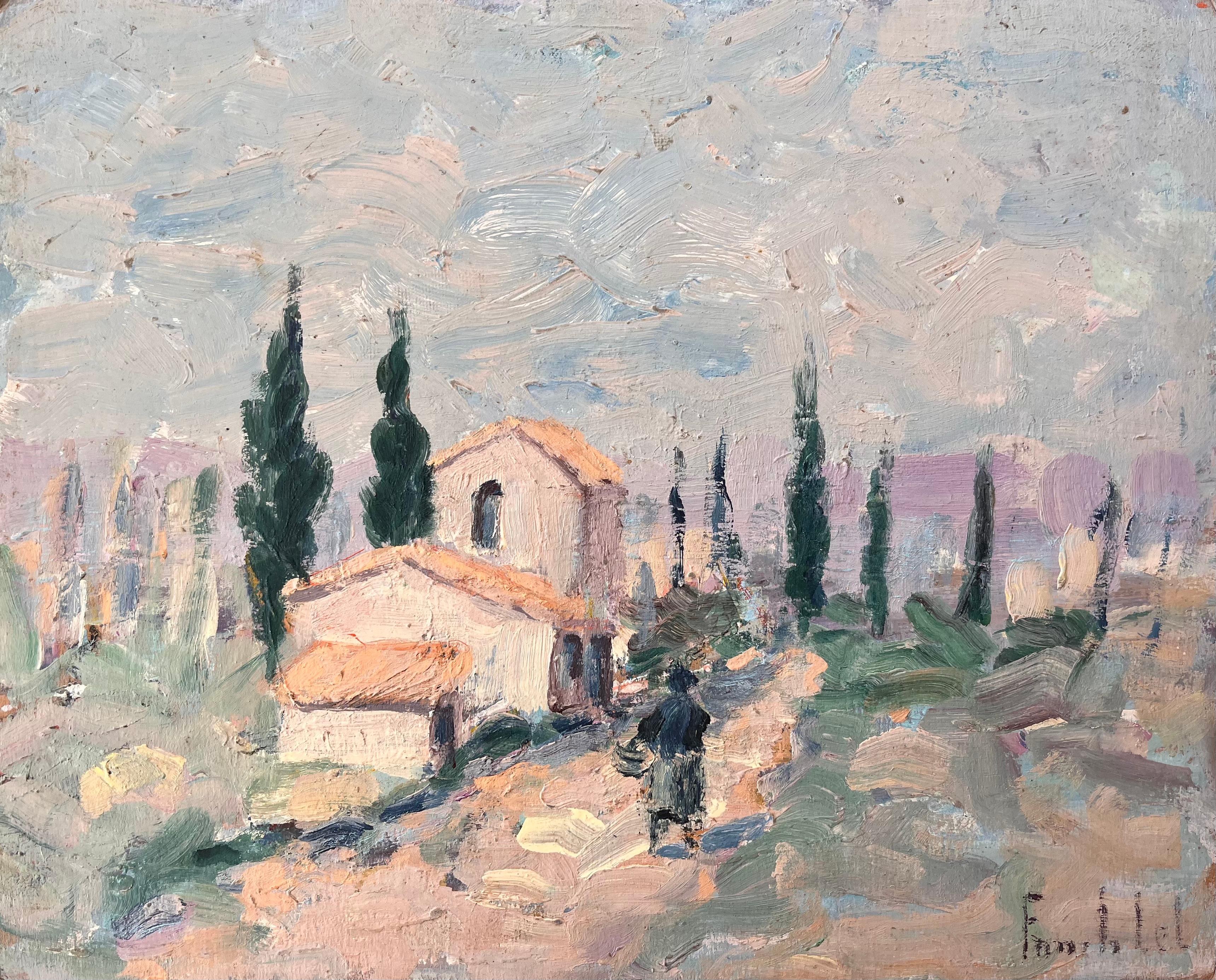 Impressionist Landscape of Stone Houses and Cypress Trees in Provence France