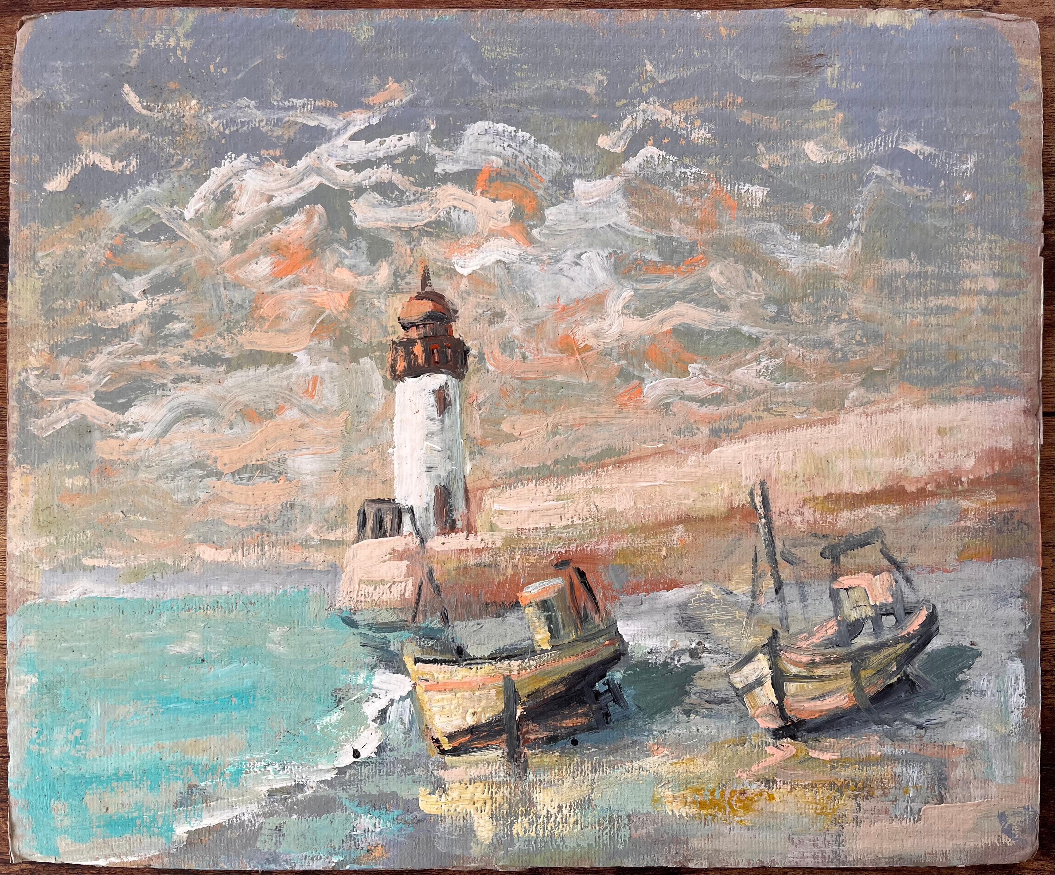 Impressionistische Leuchtturm-Szene mit Strand-Fischbooten und dramatischem Himmel – Painting von Fanch Lel