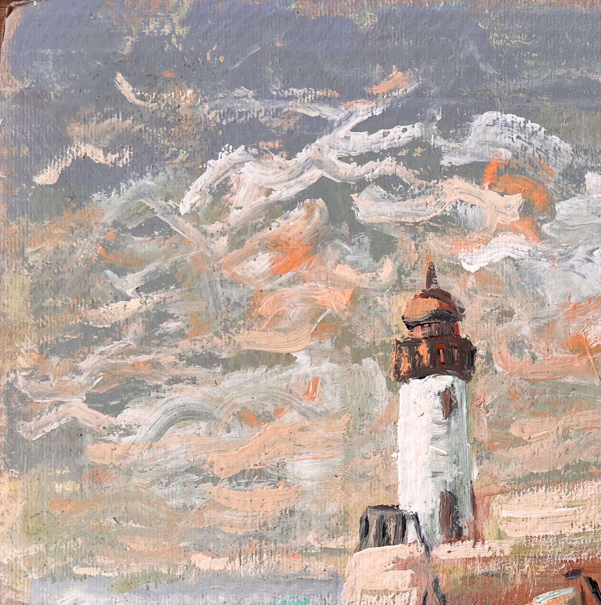 Impressionistische Leuchtturm-Szene mit Strand-Fischbooten und dramatischem Himmel (Impressionismus), Painting, von Fanch Lel