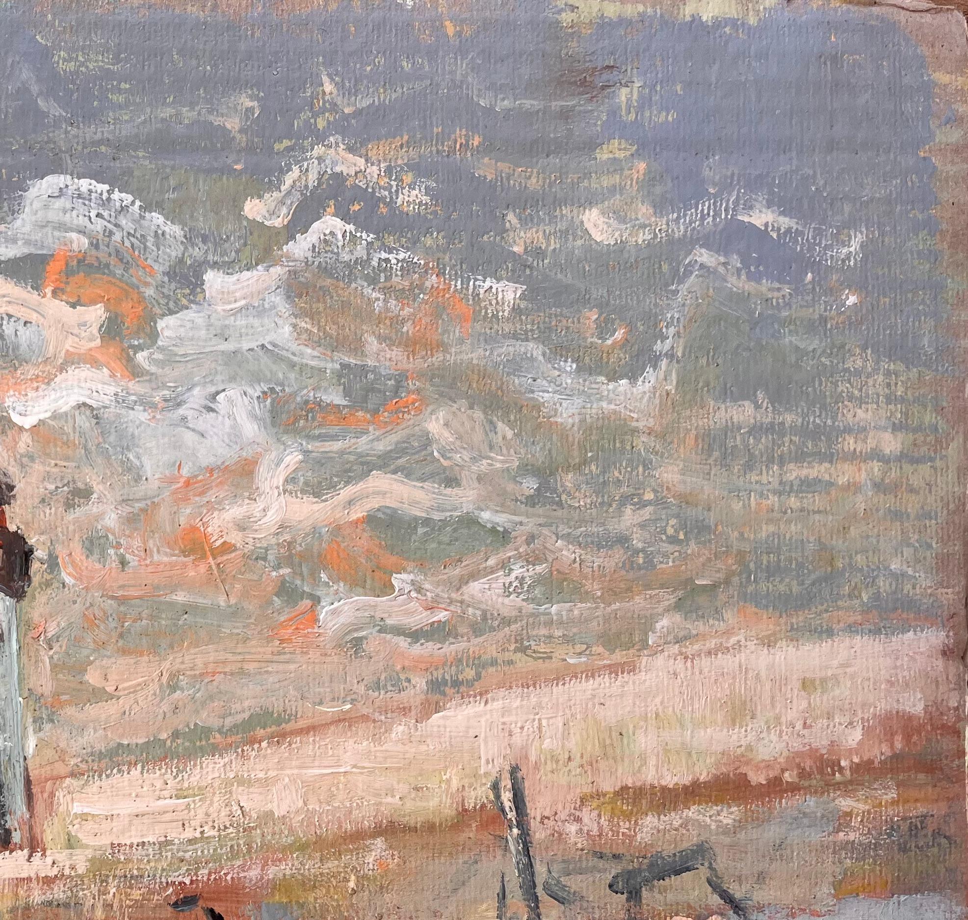 Impressionistische Leuchtturm-Szene mit Strand-Fischbooten und dramatischem Himmel im Angebot 1