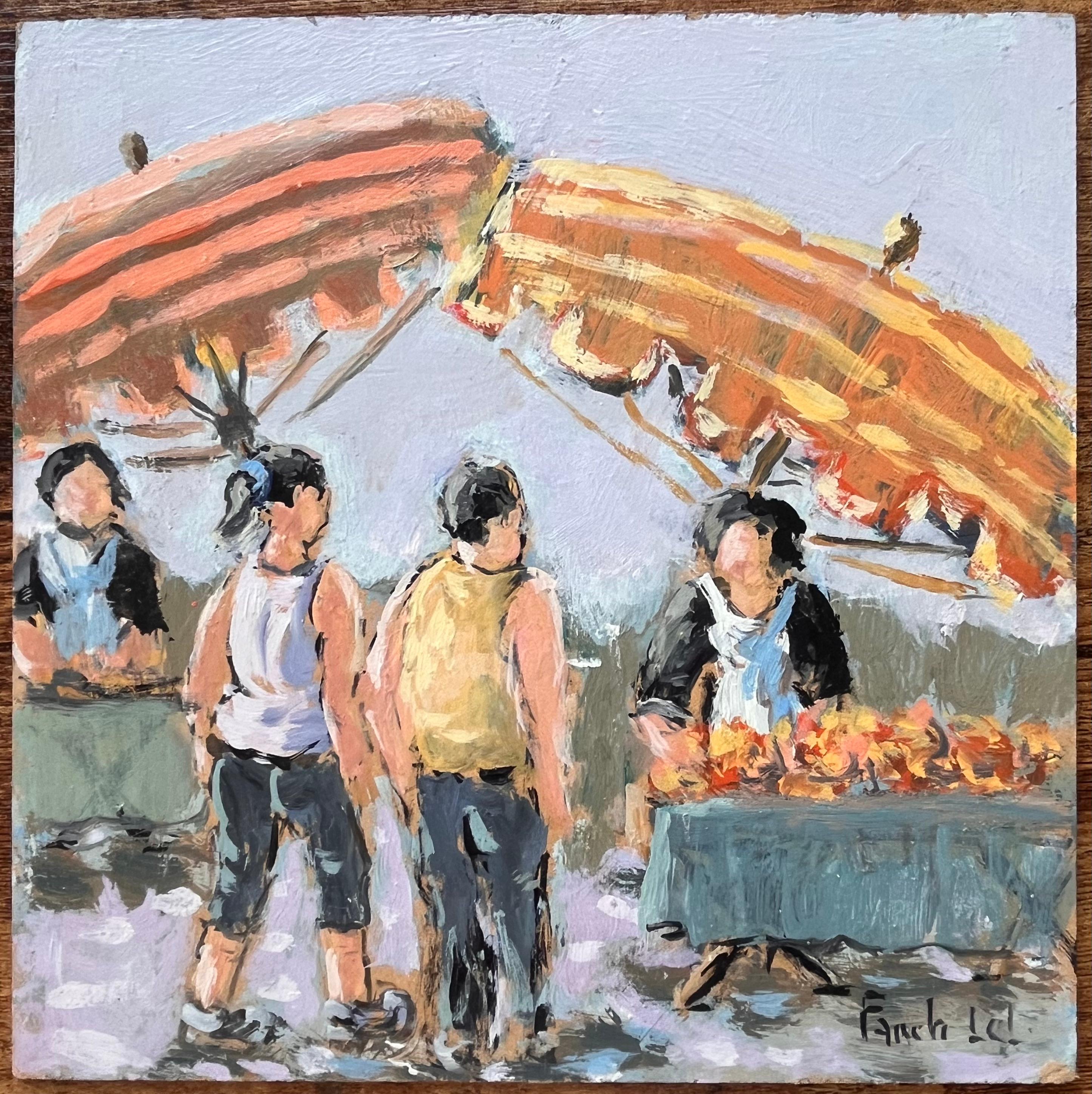 Scène de marché impressionniste de Dinard avec des personnages et des parasols rayés - Painting de Fanch Lel