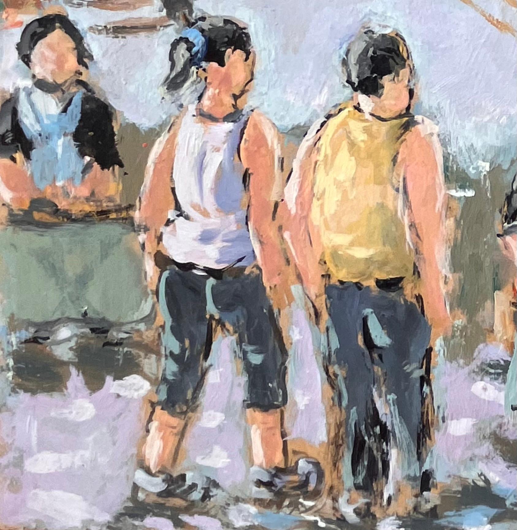 Scène de marché impressionniste de Dinard avec des personnages et des parasols rayés - Impressionnisme Painting par Fanch Lel