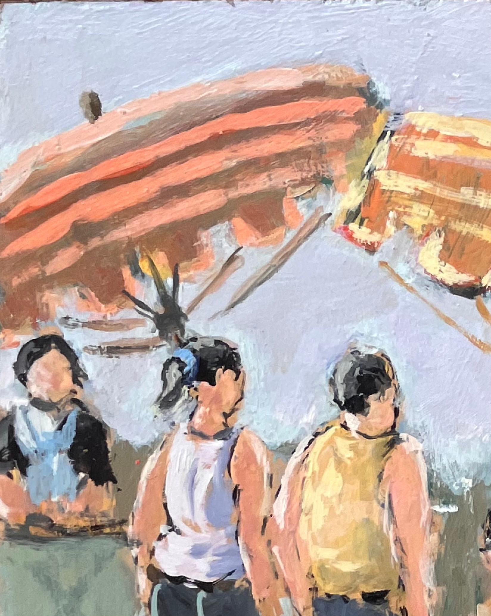 Scène de marché impressionniste de Dinard avec des personnages et des parasols rayés - Beige Still-Life Painting par Fanch Lel