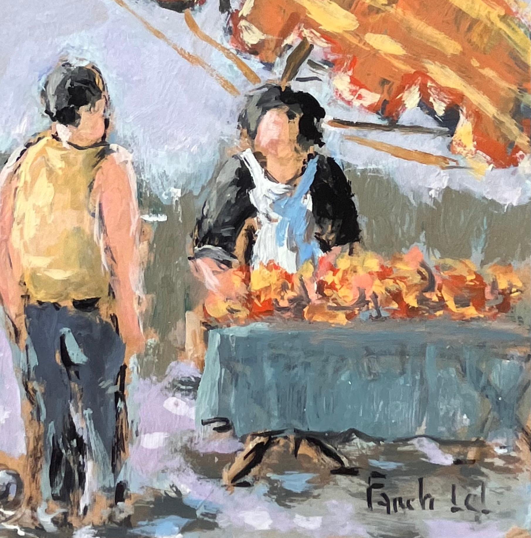 Titre : Scène de marché impressionniste à Dinard avec personnages et parasols rayés
par Fanch Lel
Signé : Oui
Taille : 8 pouces (hauteur) x 7.75 pouces (largeur)
Moyen d'expression : Huile sur carton, non encadrée
Condit : Le tableau est en bon