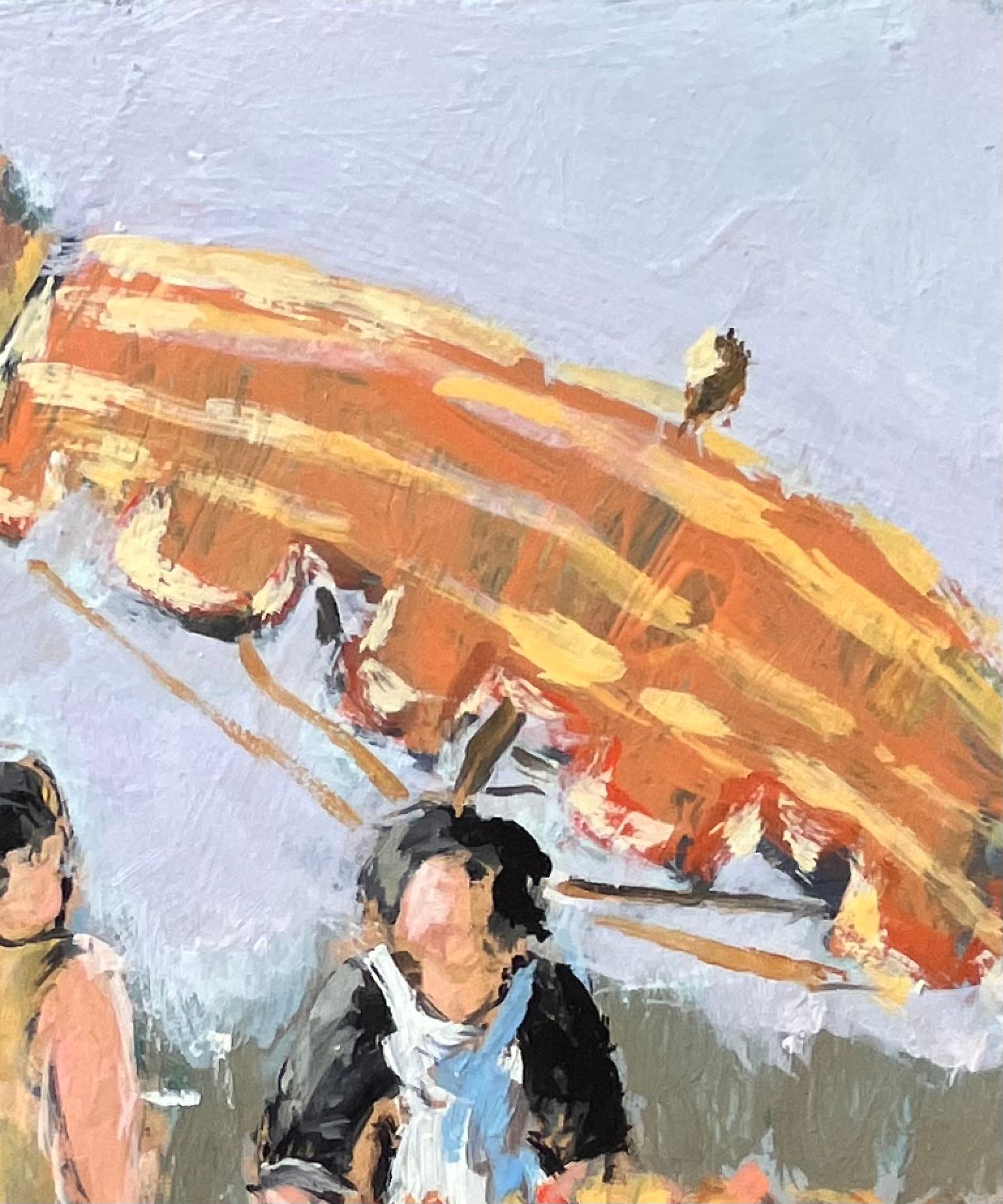 Scène de marché impressionniste de Dinard avec des personnages et des parasols rayés en vente 1