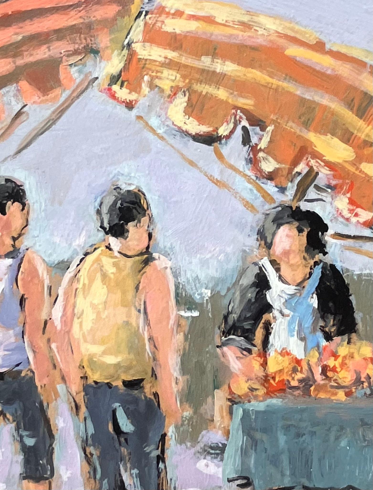 Scène de marché impressionniste de Dinard avec des personnages et des parasols rayés en vente 2