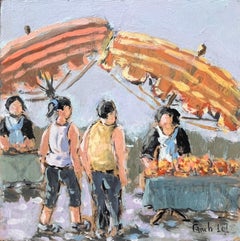 Impressionist Market Scene in Dinard with Figures and Striped Parasols