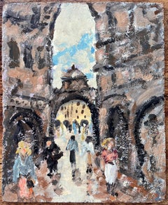 Scena di mercato impressionista con figure e archi in una città storica