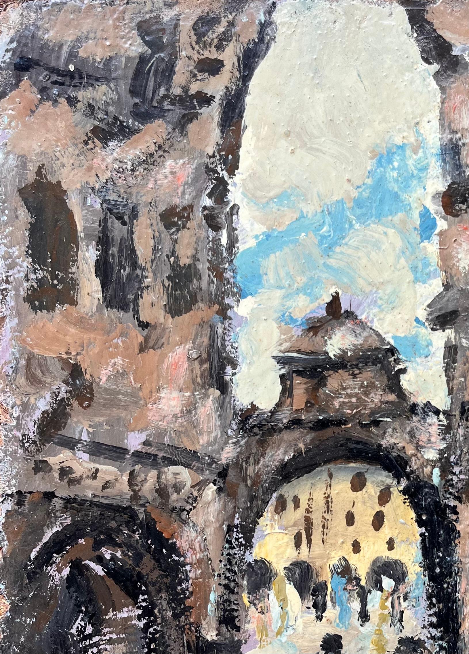 Titre : Scène de marché impressionniste avec personnages et arches dans une ville historique
par Fanch Lel
Taille : 10,75 pouces (hauteur) x 8,75 pouces (largeur)
Moyen d'expression : Huile sur carton, non encadrée
Condit : Le tableau est en bon